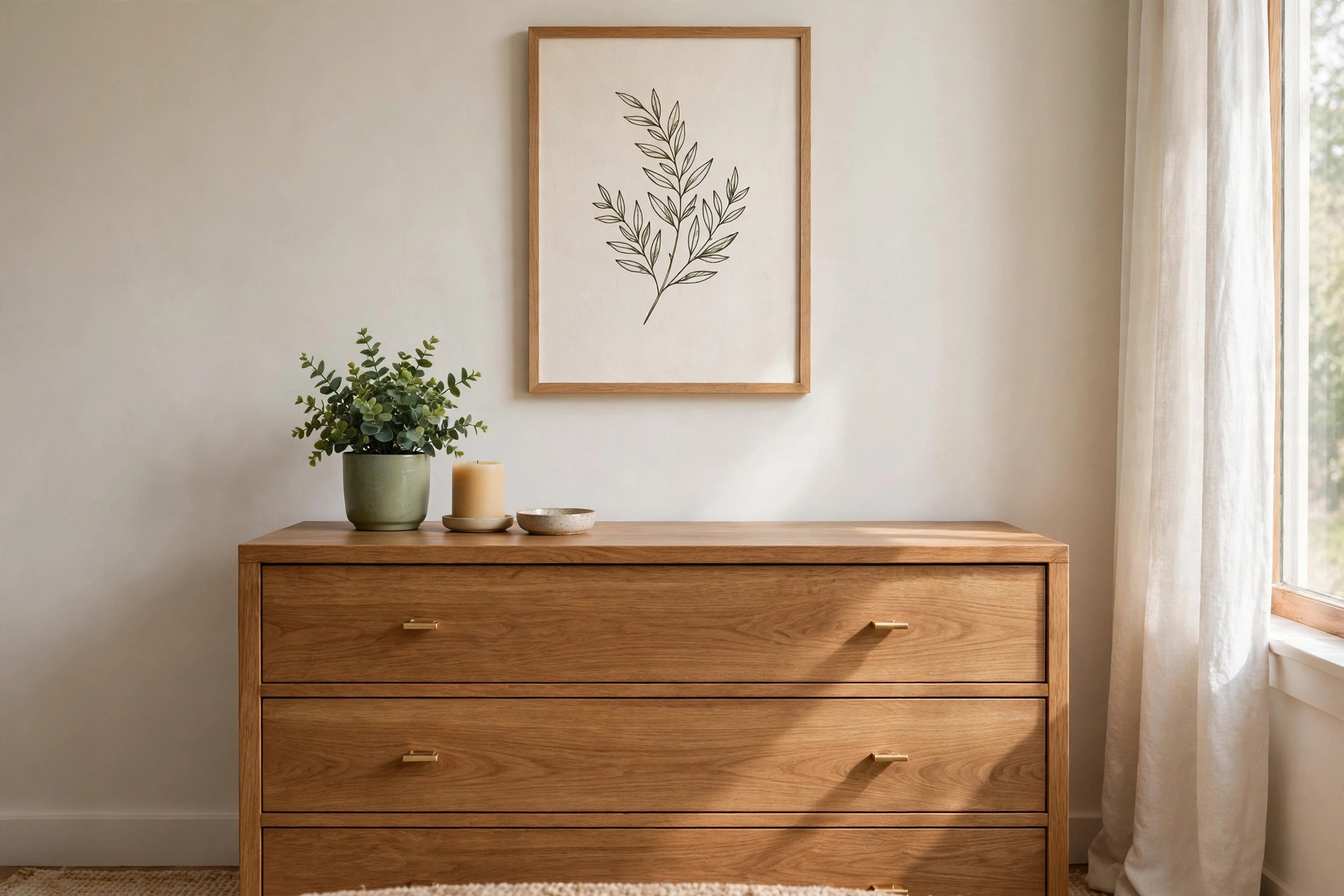 Framed leaf print above a dresser with a small green potted plant, candle, and dish grouped below it