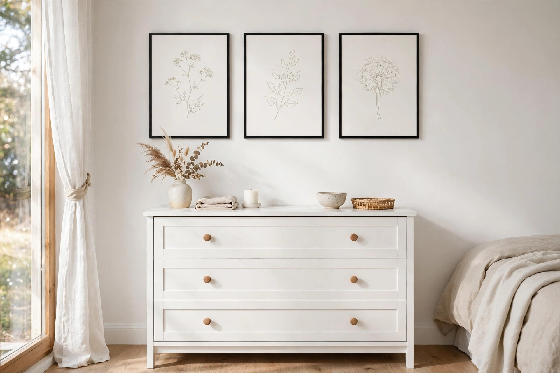 Three pale line drawings in thin black frames in a row above a white dresser