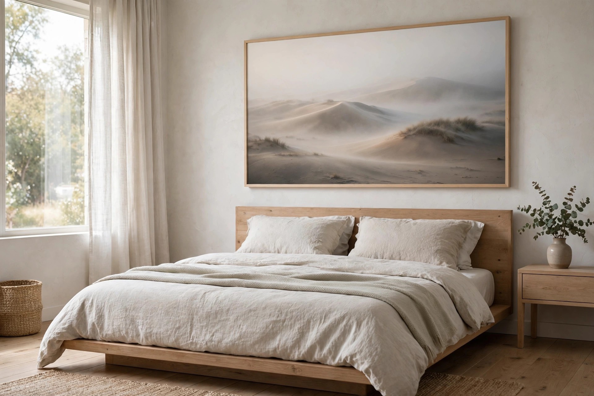 Low platform bed with a low wood headboard and white bedding under one wide framed photo of misty sand dunes, beside a tall window with sheer curtains
