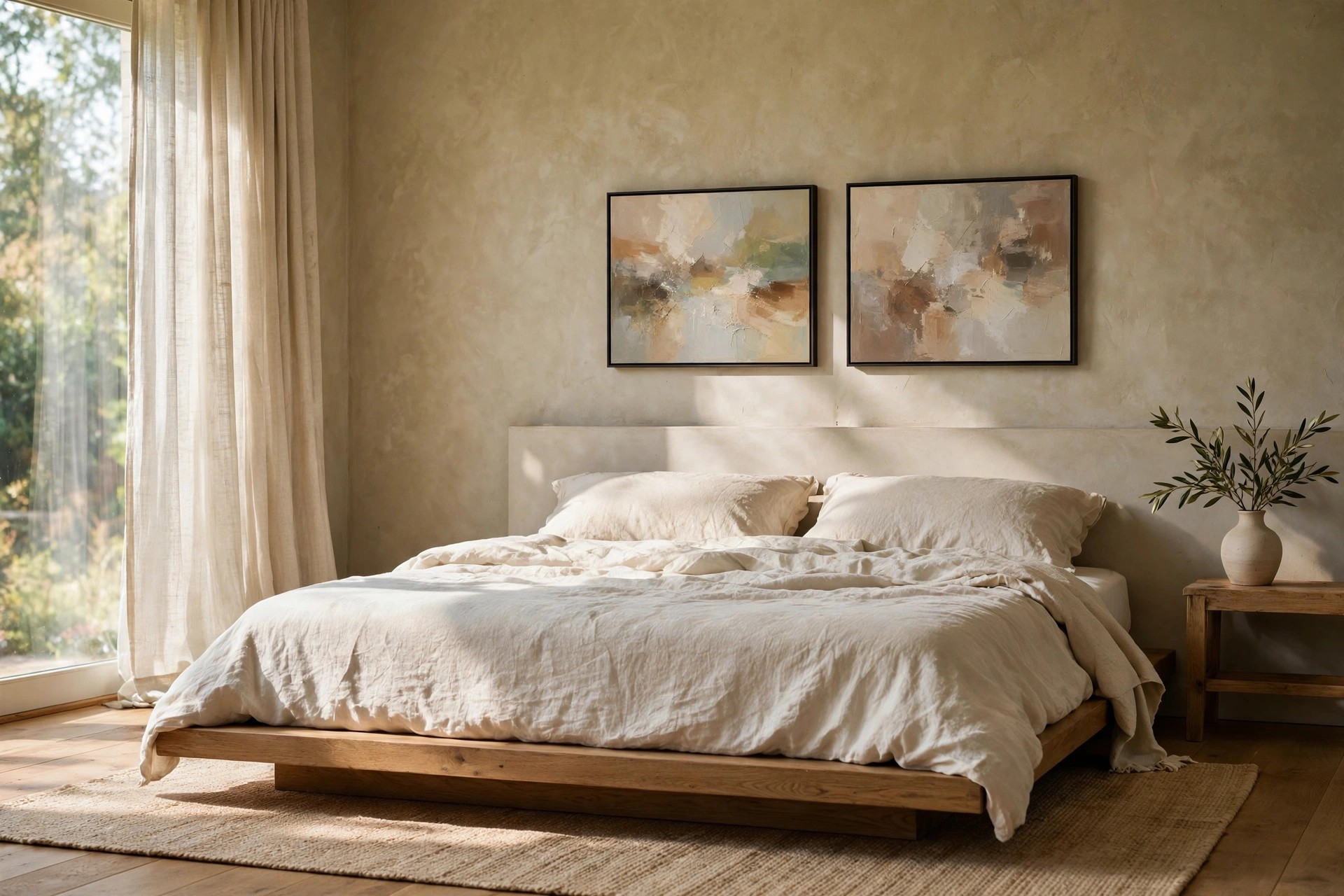 Two horizontal abstract prints in thin black frames side by side above a low platform bed with white linen bedding on a warm plaster wall