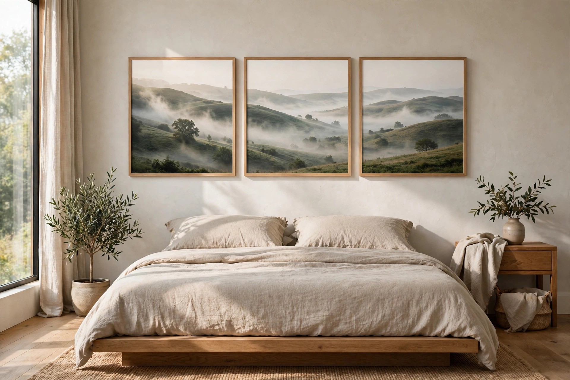 Three matching framed panels of misty green hills in a row across the wall above a low platform bed with beige bedding