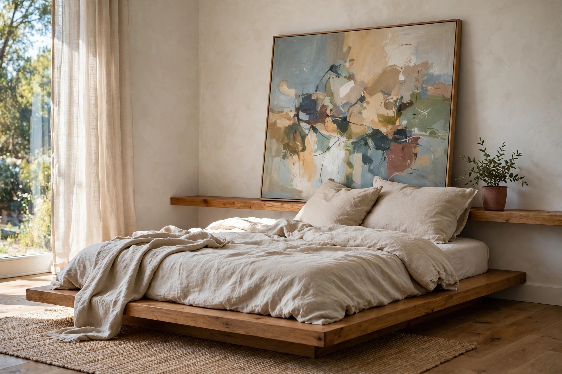 One oversized abstract painting leaning on a low wood shelf behind the pillows of a low platform bed, with a small potted plant beside it