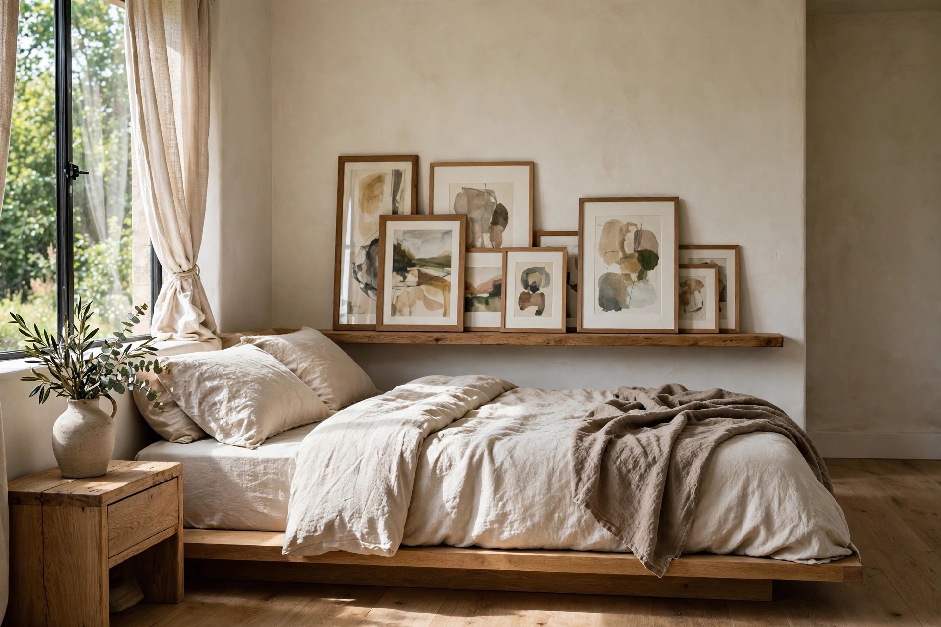 Long low wood picture ledge above a low platform bed holding a row of leaning framed abstract prints in varied sizes