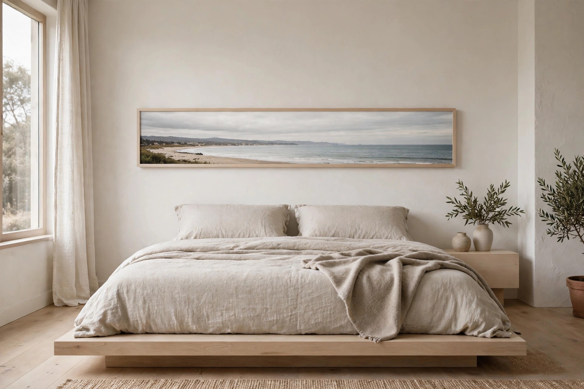 Very long thin panoramic photo of a calm shoreline in a pale wood frame hung low above a low platform bed with lots of blank wall above it