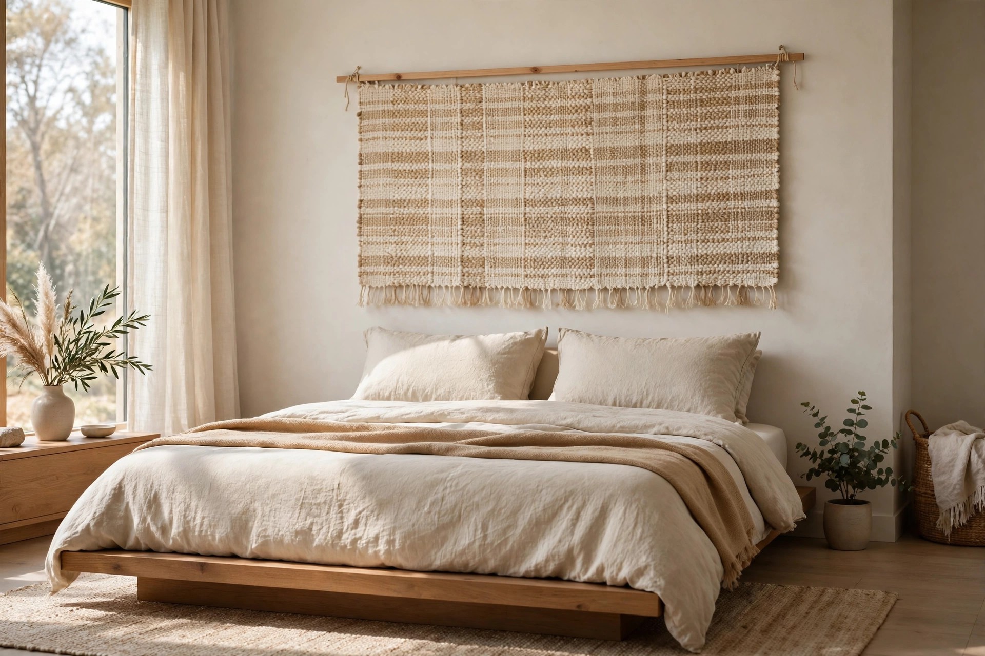 Wide woven textile hanging in cream and sand stripes on a slim wood bar above a low platform bed with beige bedding