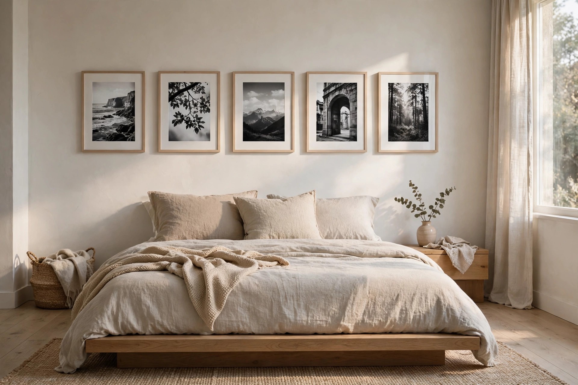 Row of five black and white photos in slim pale wood frames in one low line above a low platform bed with cream bedding
