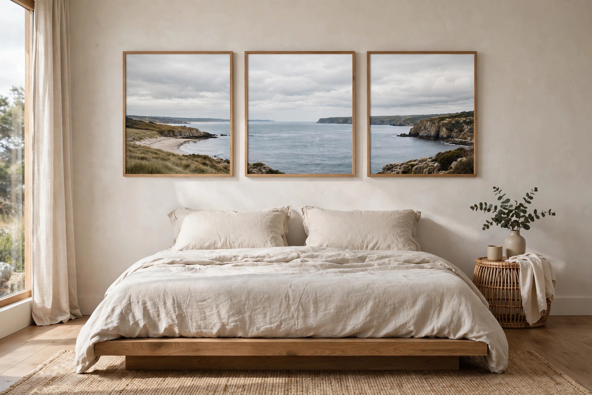 One coastal landscape photo split across three framed panels with a level horizon, hung in a low row above a low platform bed