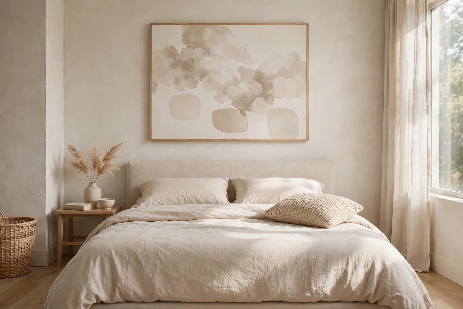 Large beige and cream abstract painting above a bed with neutral bedding