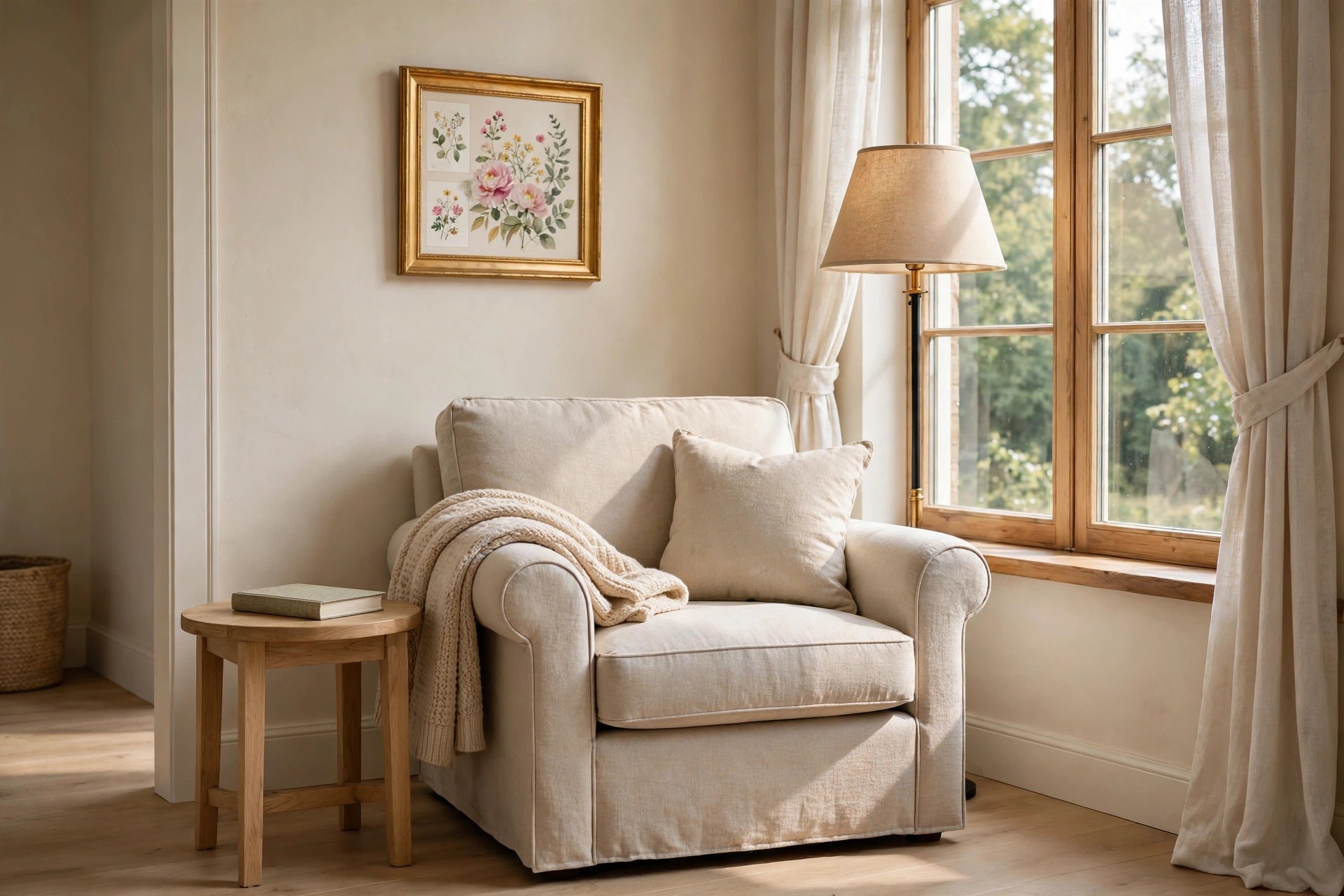 Reading chair by a window with a small floral painting in a gold frame above it