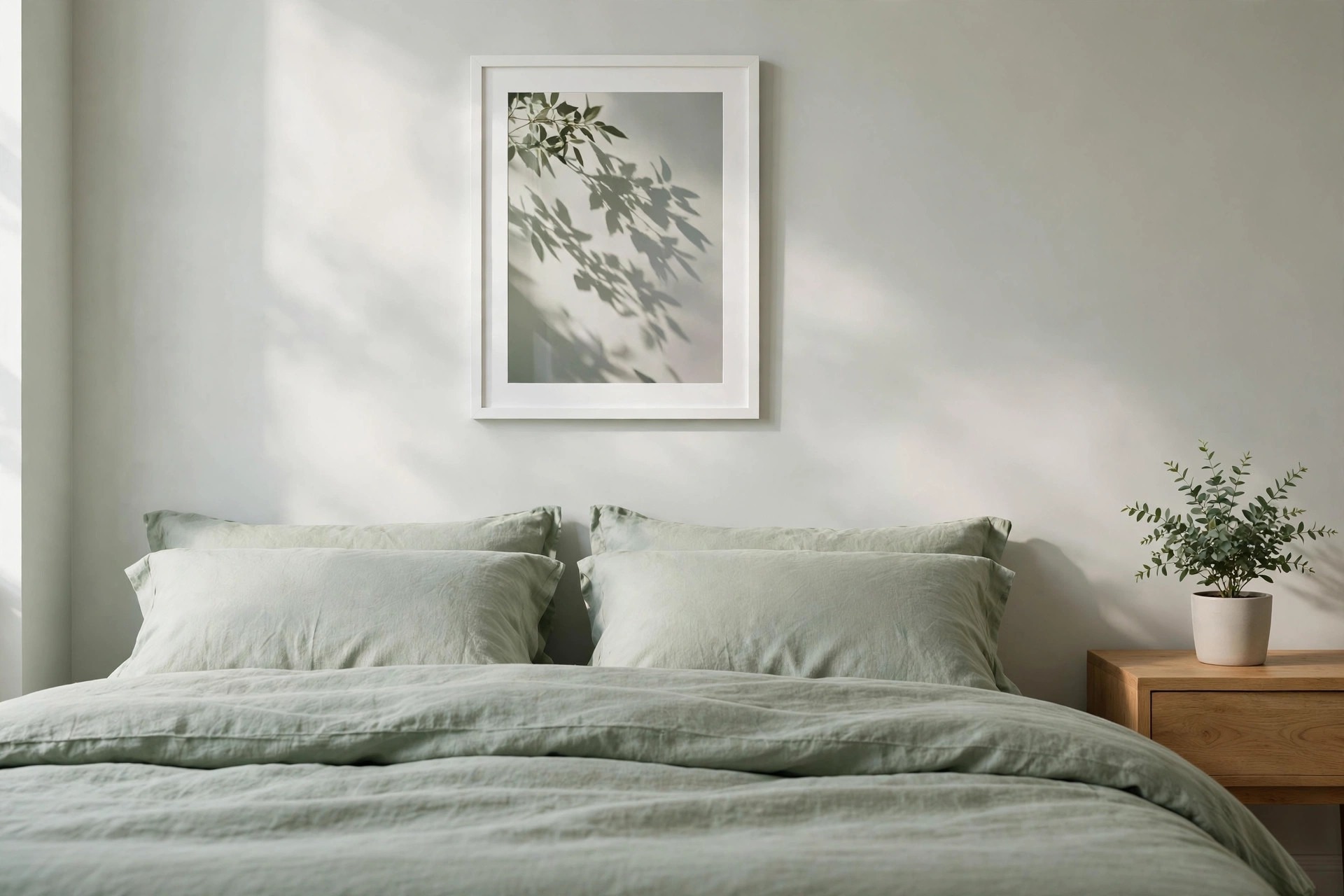 Framed leaf shadow photograph in a white frame above a bed with sage green bedding