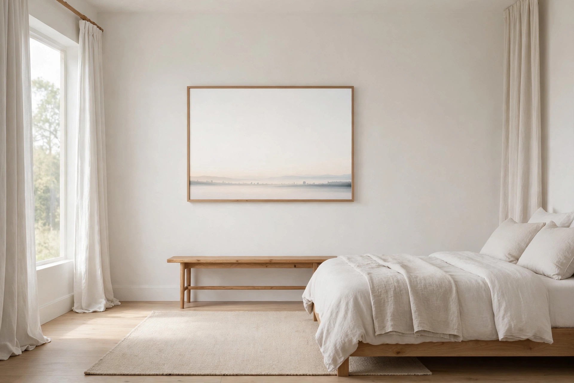 Single soft horizon print with lots of white space hanging alone above a wooden bench