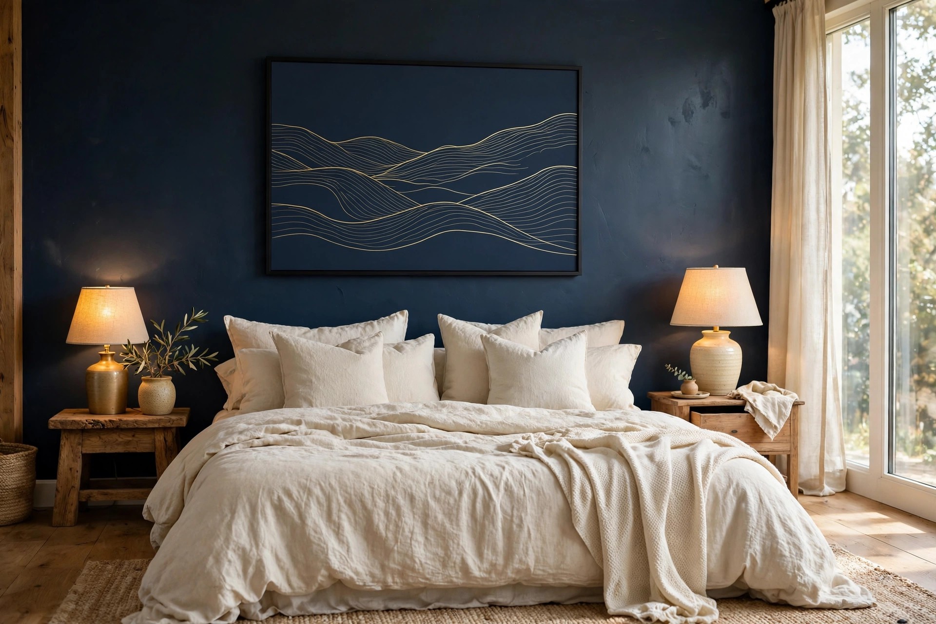 Deep navy painted wall with a large artwork of thin gold wavy hill lines above a cream bed, with lamps on wood nightstands on both sides