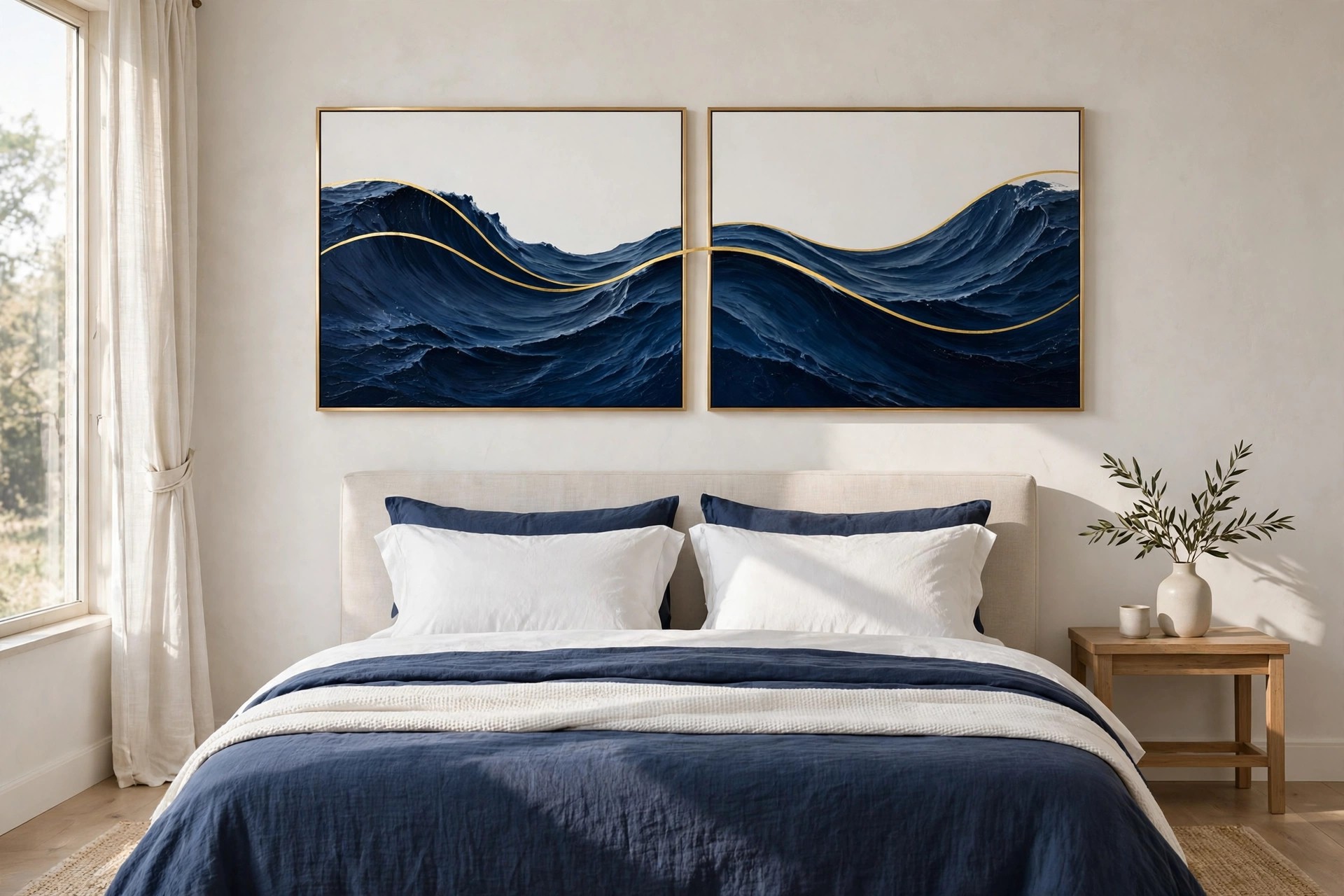 Two panel artwork of a navy wave with a gold line running across both panels, in thin gold frames above a bed with navy bedding