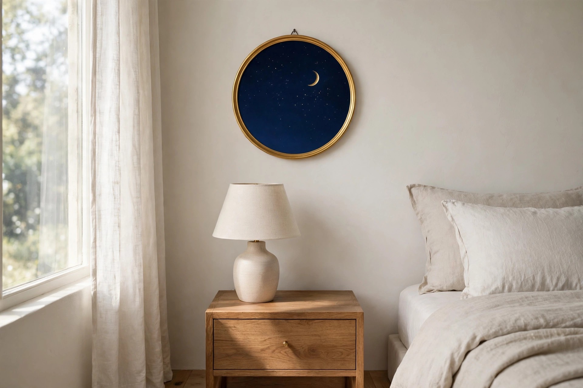 Round gold framed artwork of a navy night sky with stars and a gold crescent moon above a wood nightstand with a lamp
