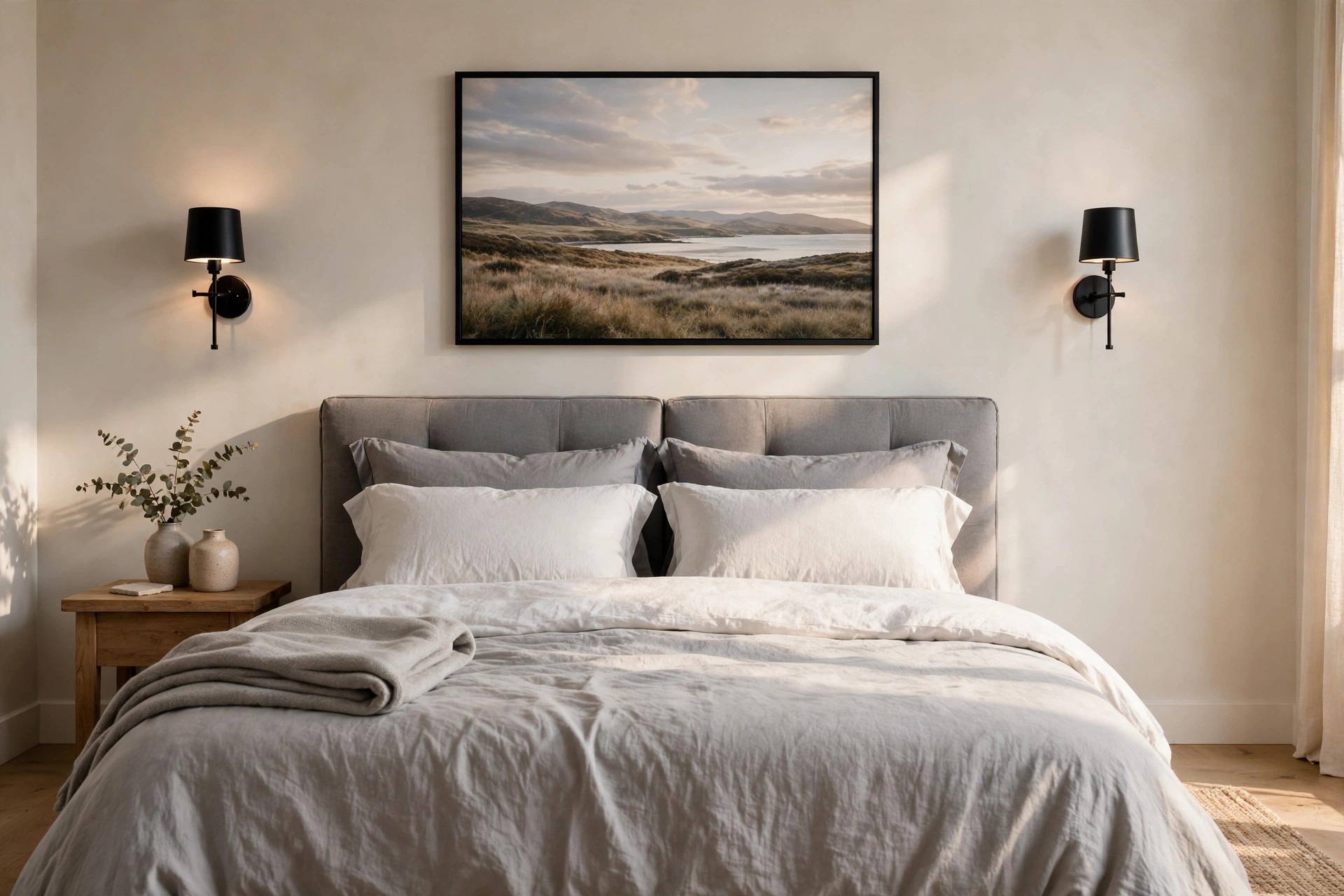 Wide coastal landscape print in a black frame above a grey headboard bed with grey and white bedding, flanked by two black shade sconces
