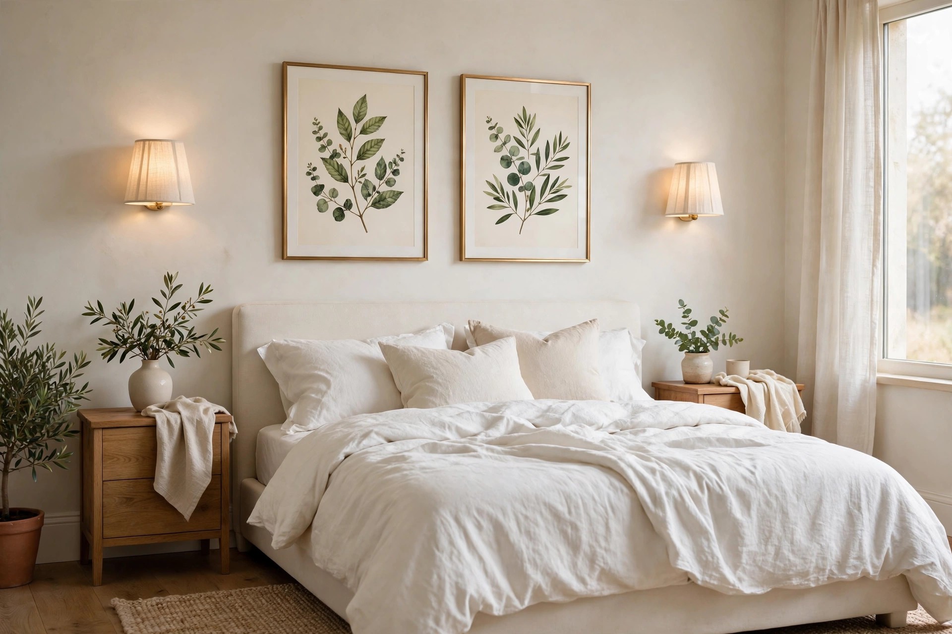 Two green botanical prints in thin gold frames above a white bed, flanked by two wall sconces with cream fabric shades giving a soft glow