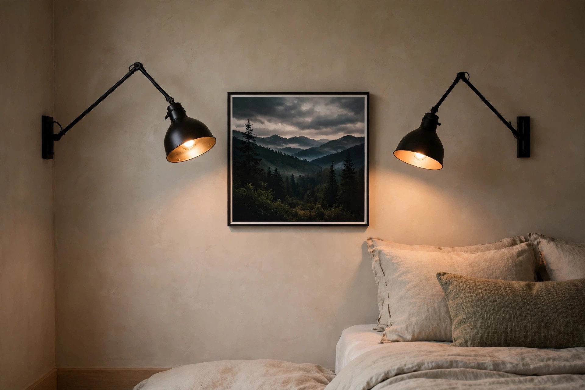 Dark forest mountain print in a thin black frame beside a bed with linen pillows, flanked by two black swing arm sconces angled inward with their heads tipping down toward the art