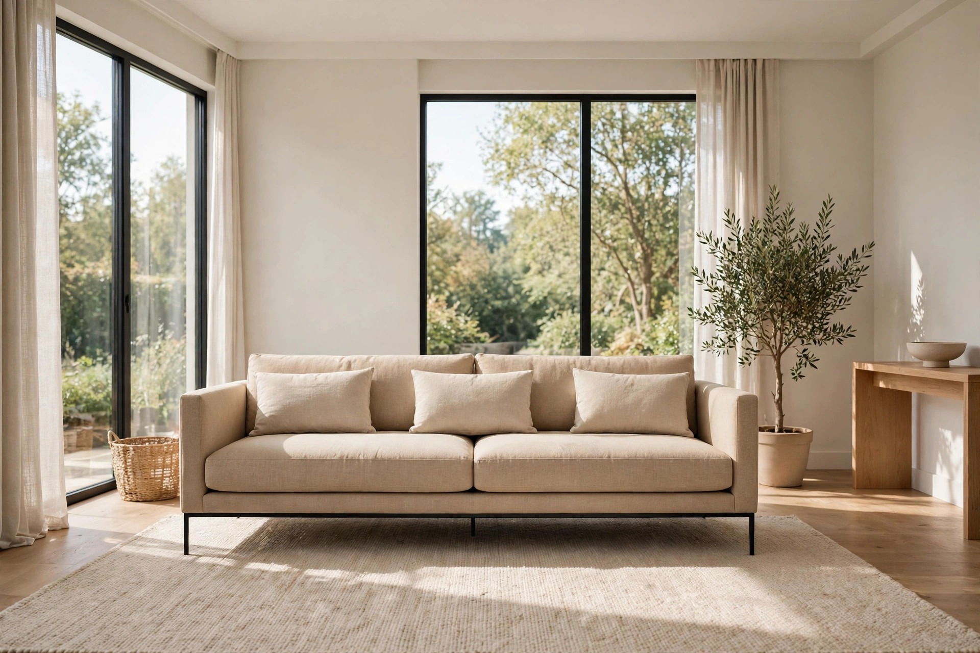 Beige sofa with plain beige cushions standing on slim black legs on a beige rug in front of large windows
