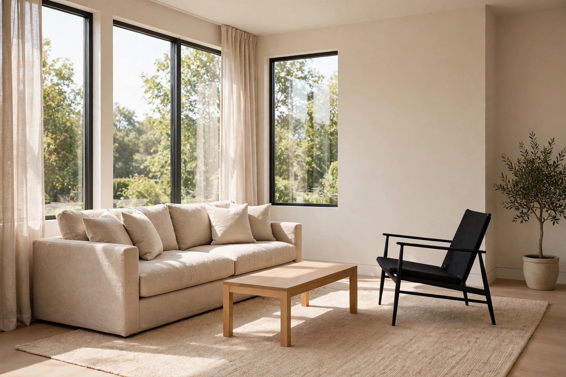 Beige sofa and light wood coffee table with one slim black accent chair angled toward the sofa on a beige rug