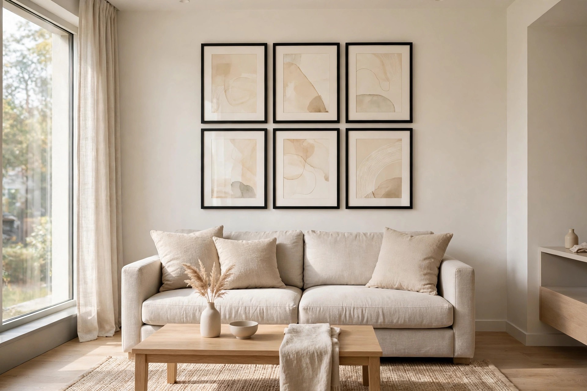 Six thin black framed beige abstract prints in a tight grid above a beige sofa with beige cushions