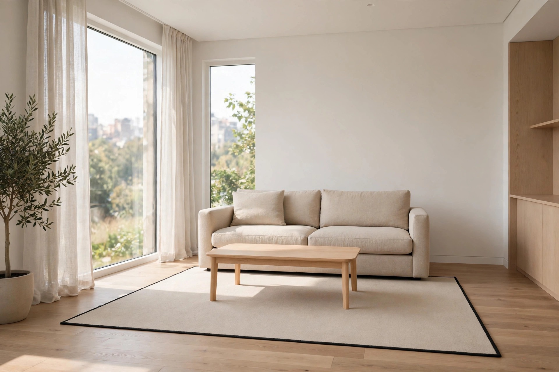 Beige sofa and light wood coffee table on a plain beige rug with a thin black border and bare wood floor at the edges