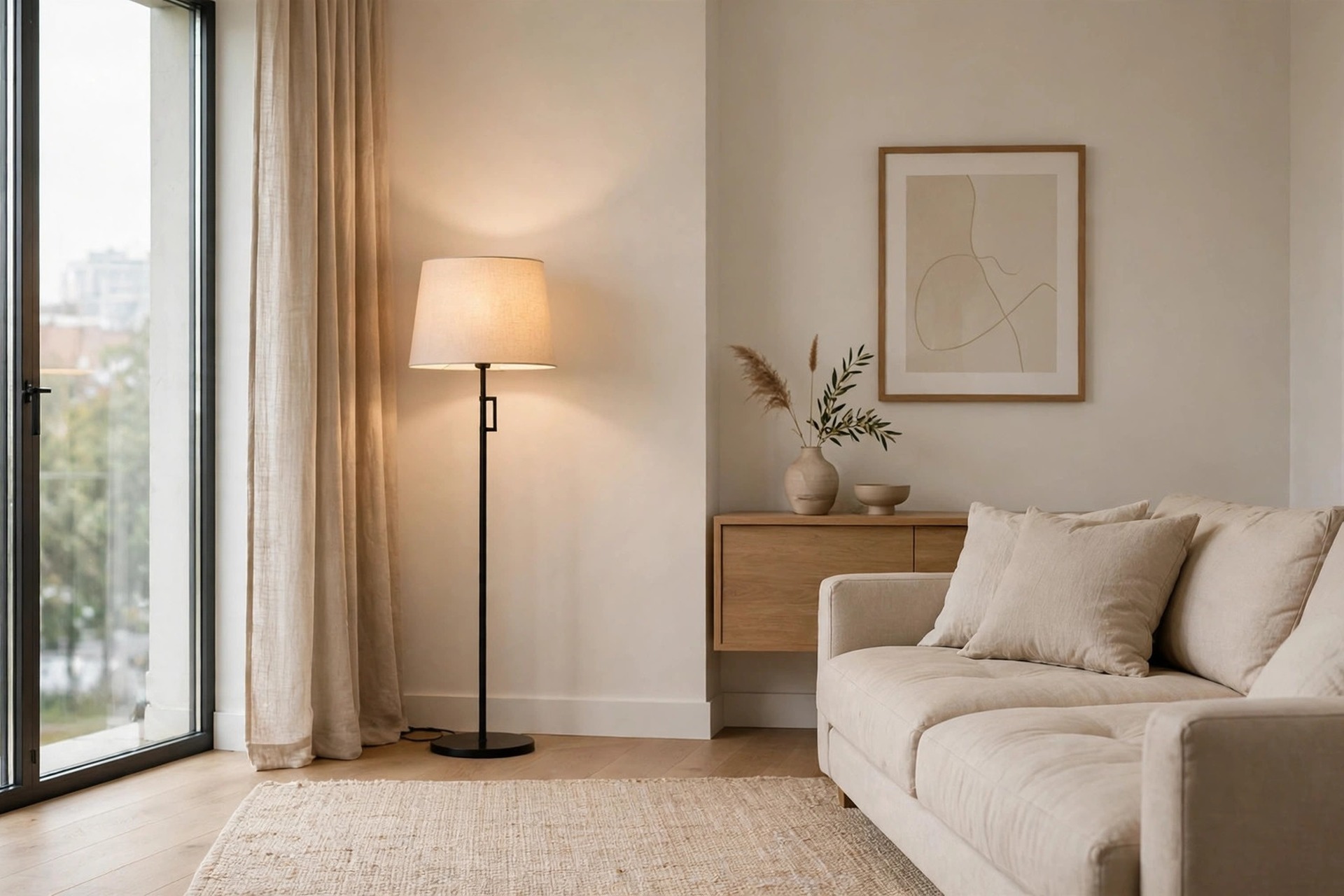 Black floor lamp with a warm cream linen shade glowing beside a beige sofa and beige curtains
