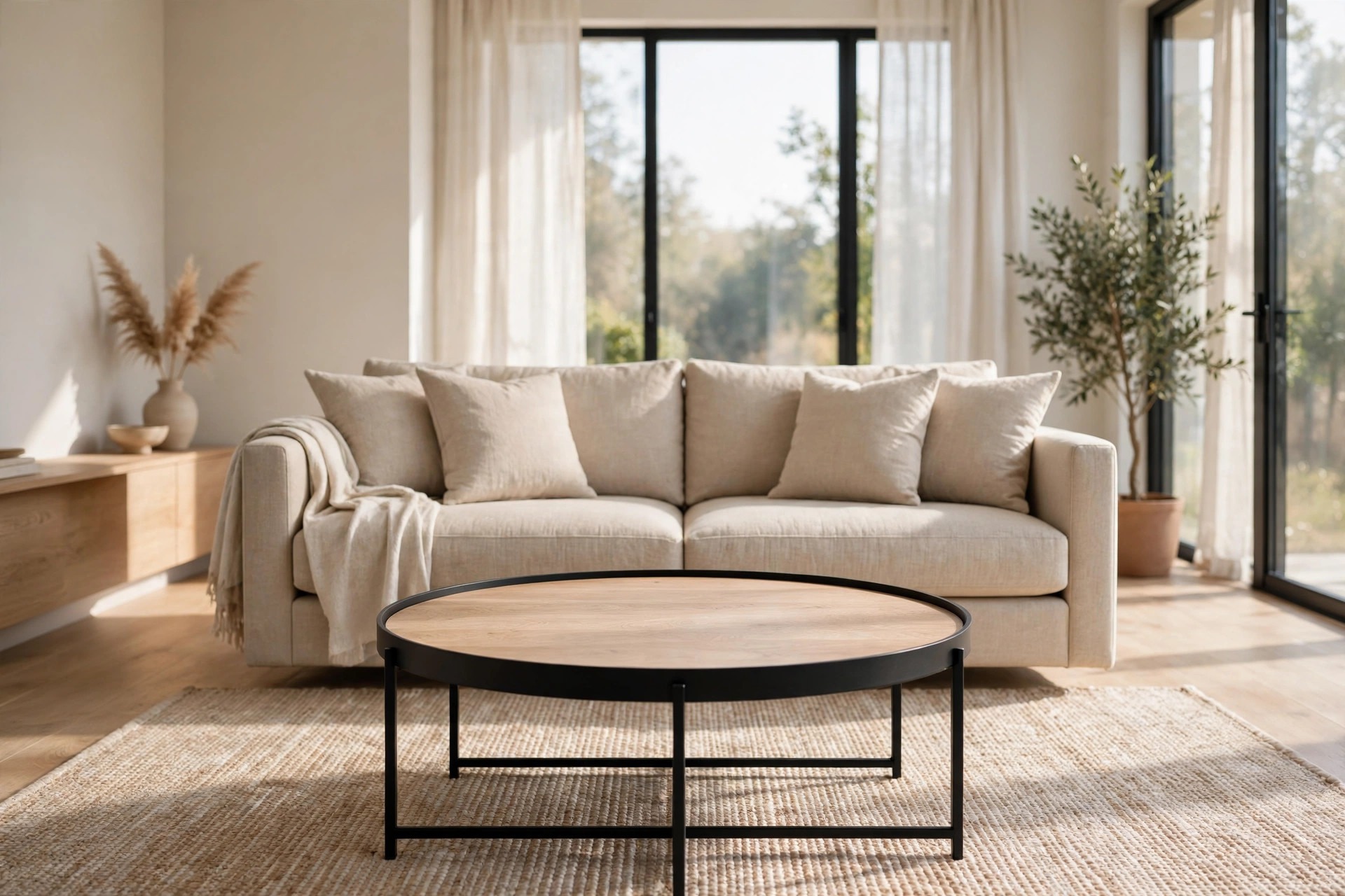 Round coffee table with a black metal frame and light wood top in front of a beige sofa on a woven beige rug