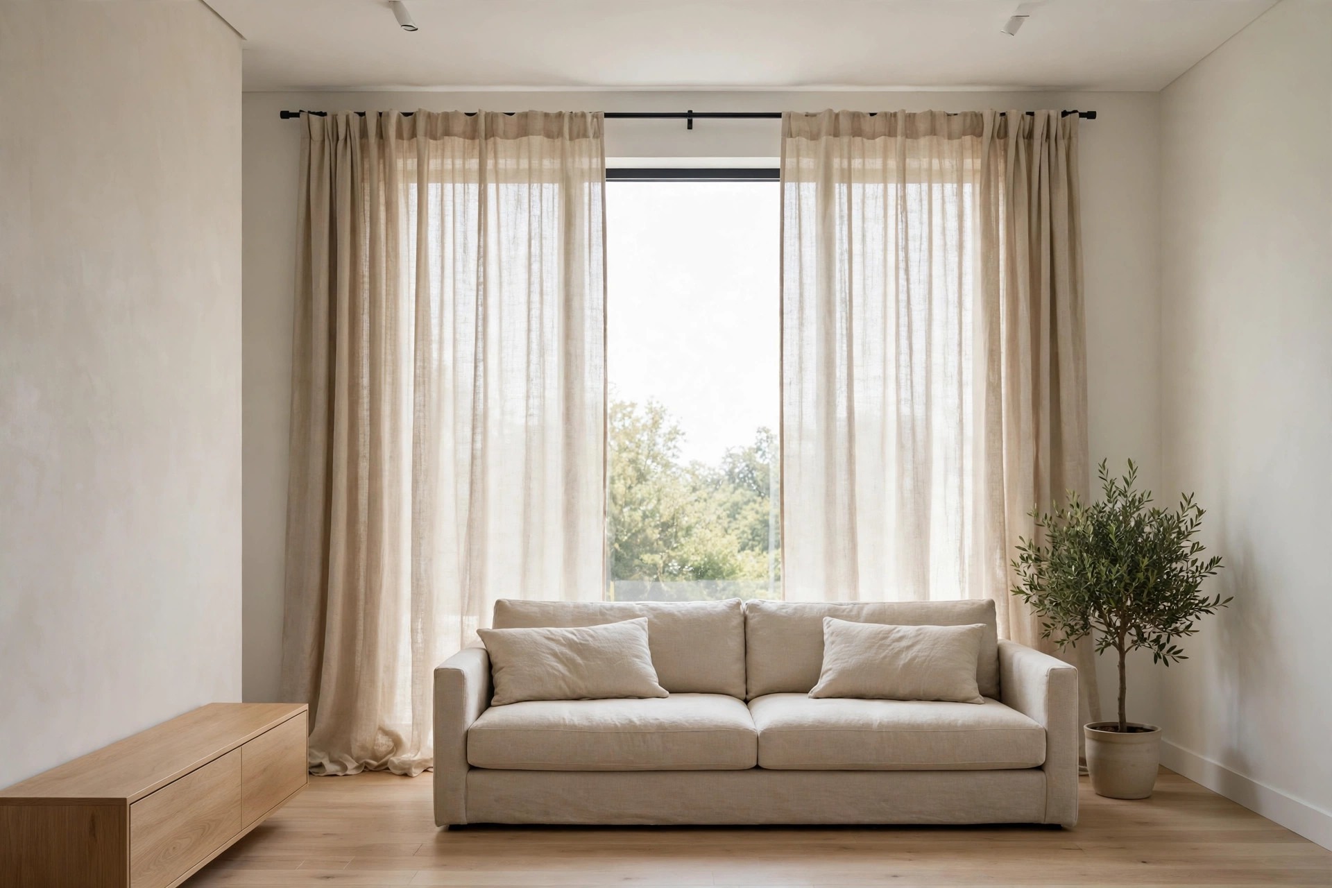 Beige linen curtains hanging from a thin black curtain rod above a beige sofa in front of a large window