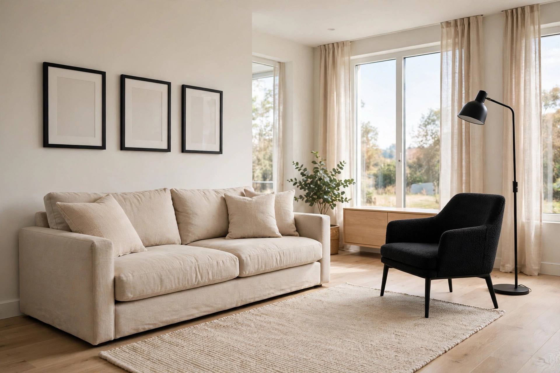 Beige sofa with three black framed prints above it, one black accent chair and one black floor lamp in a bright apartment living room