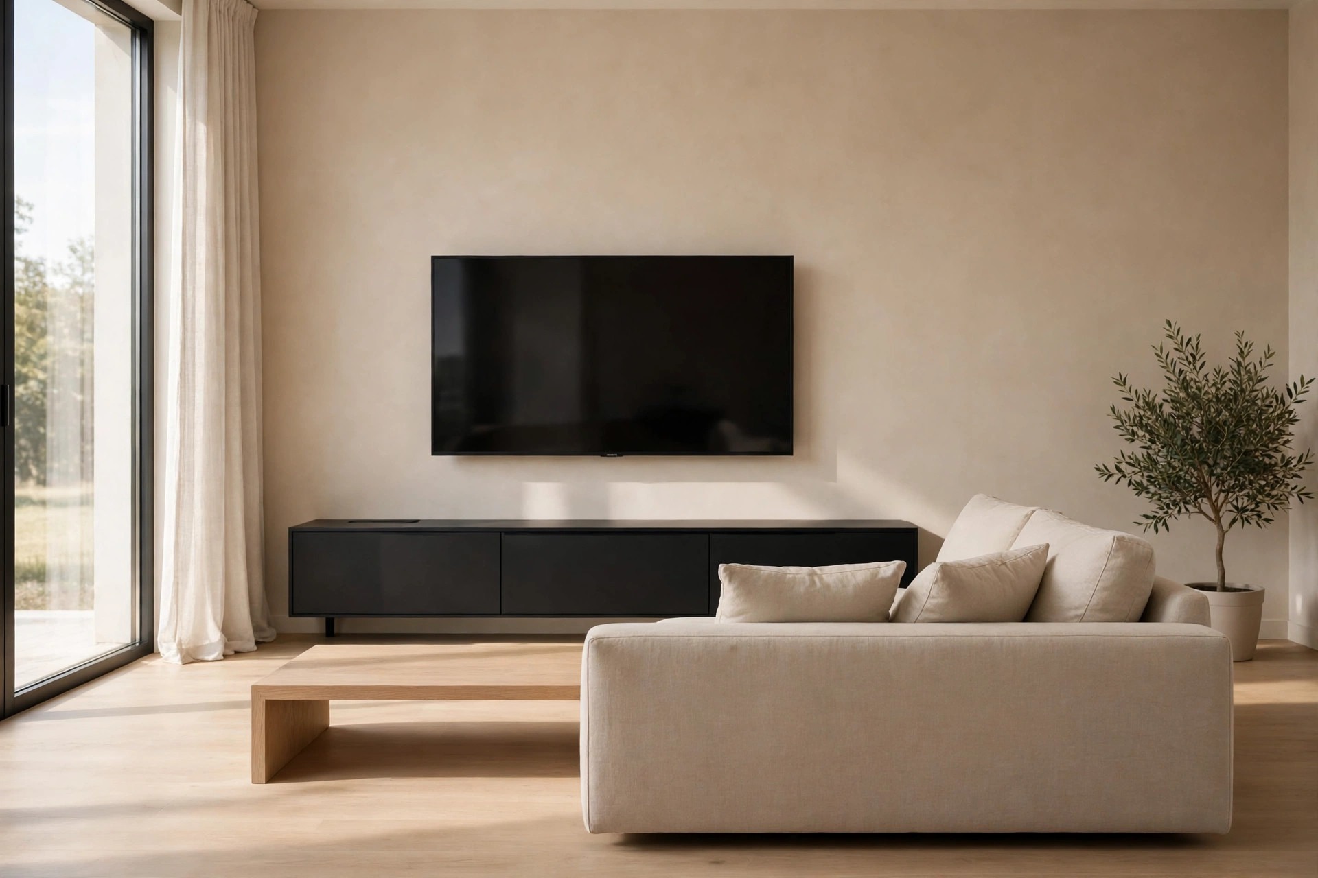 Low slim black media unit under a wall mounted TV on a warm beige wall, seen from behind a beige sofa