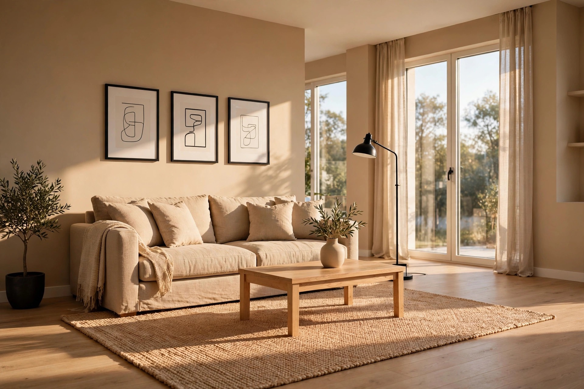 Warm sandy beige walls and beige sofa with black framed line art and a black floor lamp in sunlight