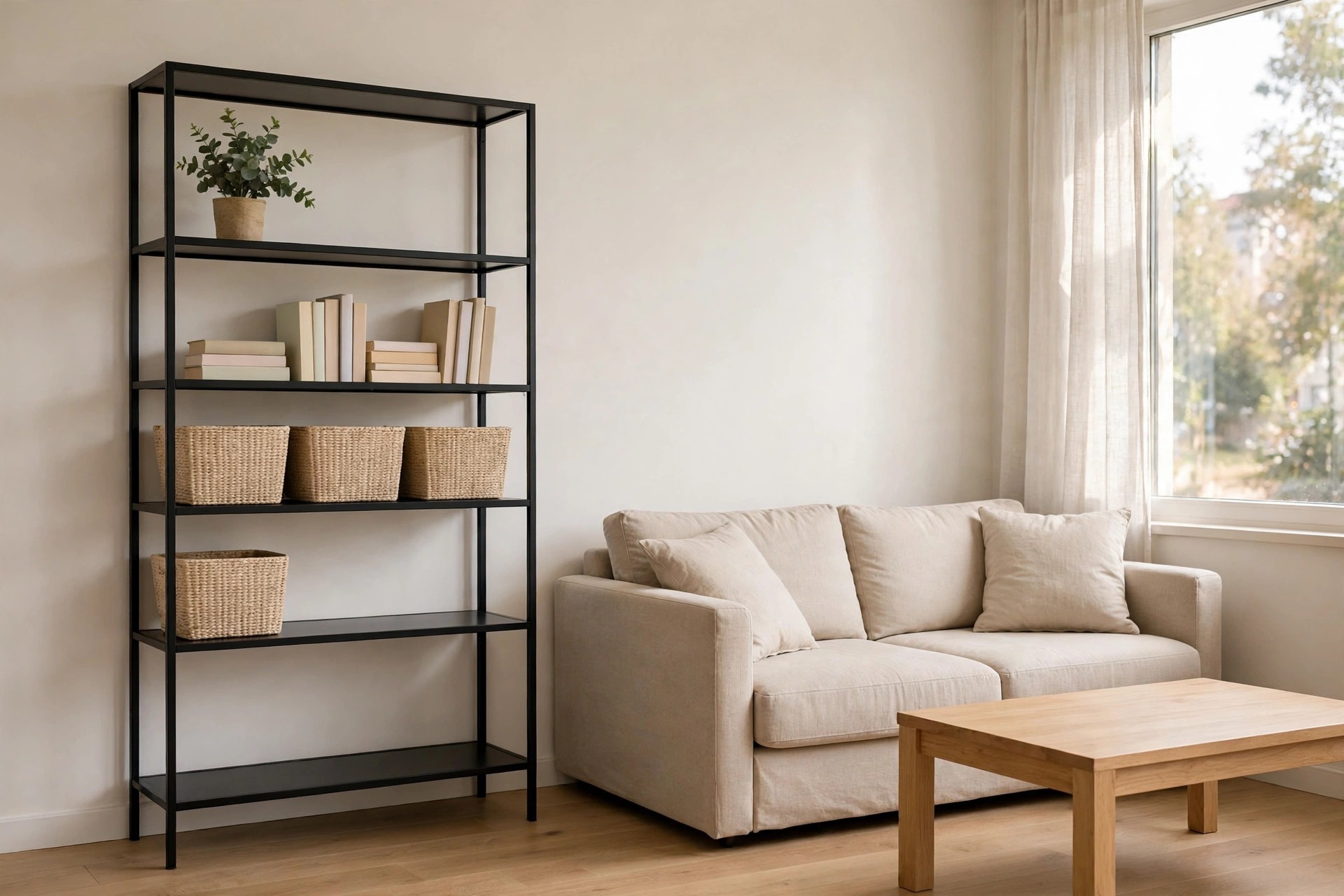 Tall slim black frame shelving unit with pale books, woven beige baskets and a small plant beside a beige sofa