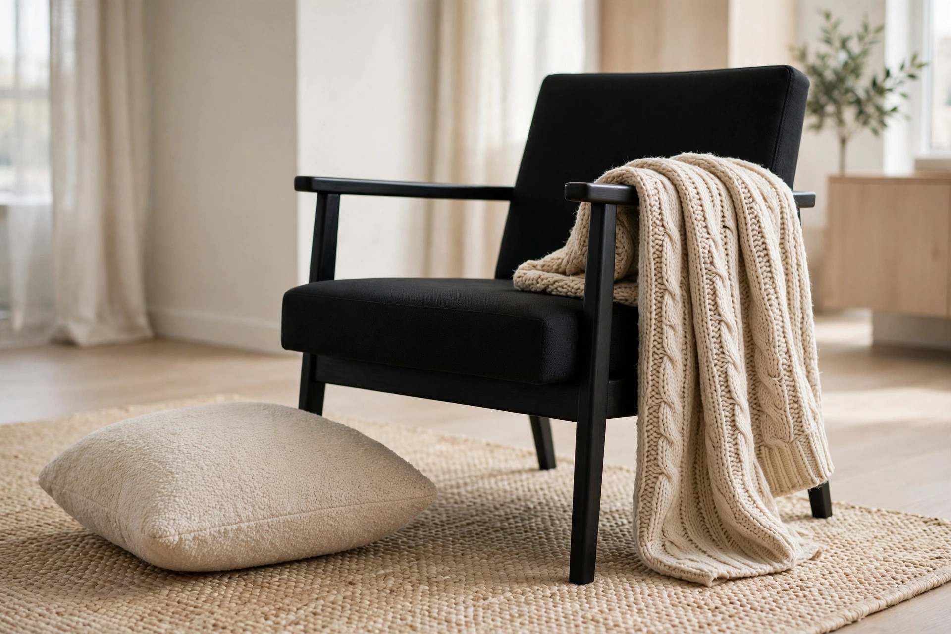 Black accent chair with a beige cable knit throw over its arm and a beige boucle cushion on a woven beige rug