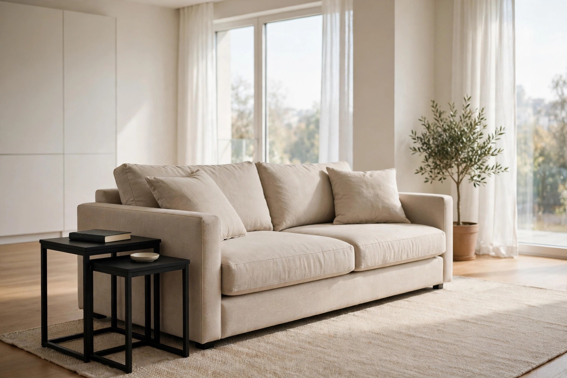 Two small black nesting side tables with a book and a small dish beside a beige sofa on a beige rug