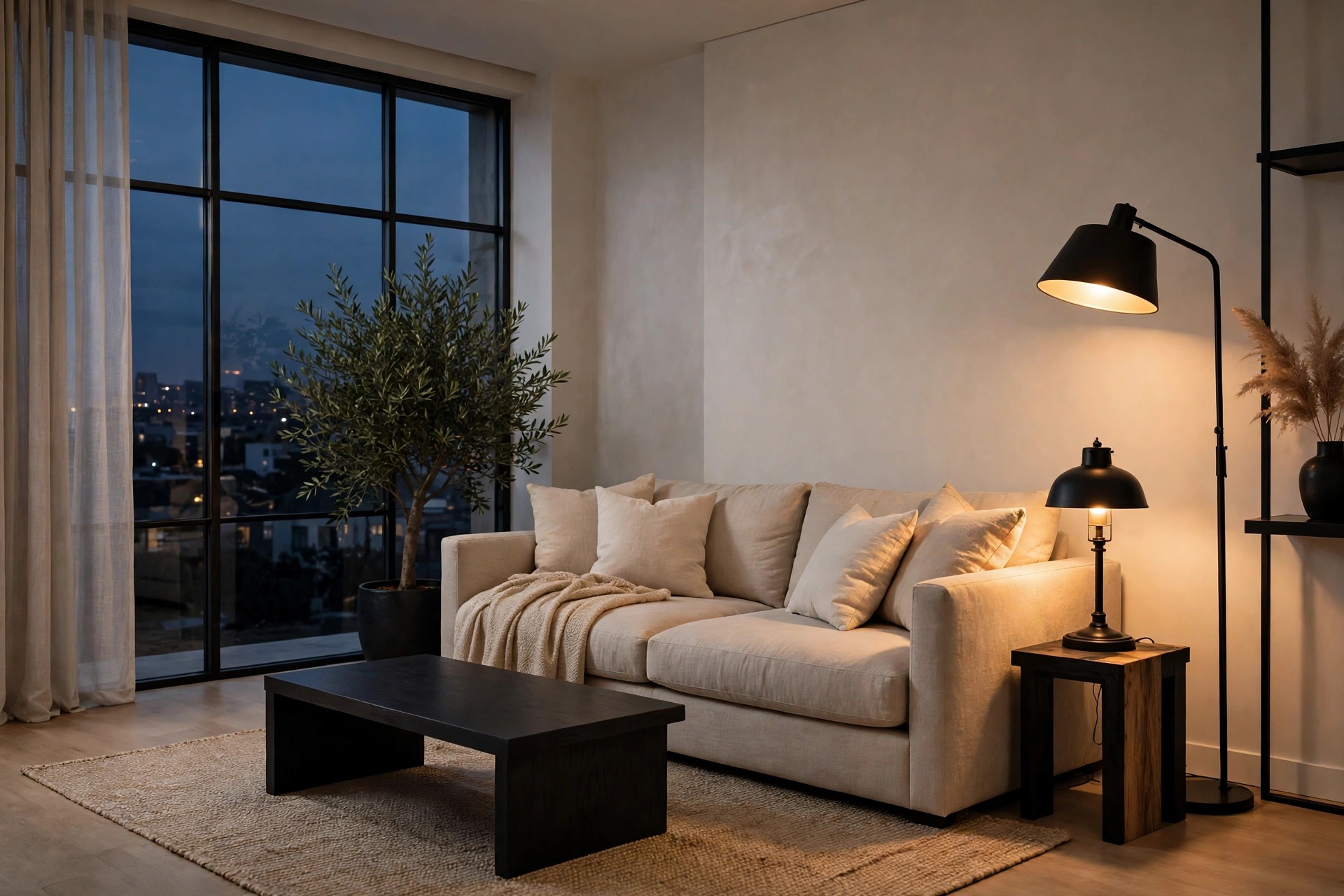 Beige sofa at evening lit warmly by a black floor lamp and a black table lamp at two heights beside a dark window