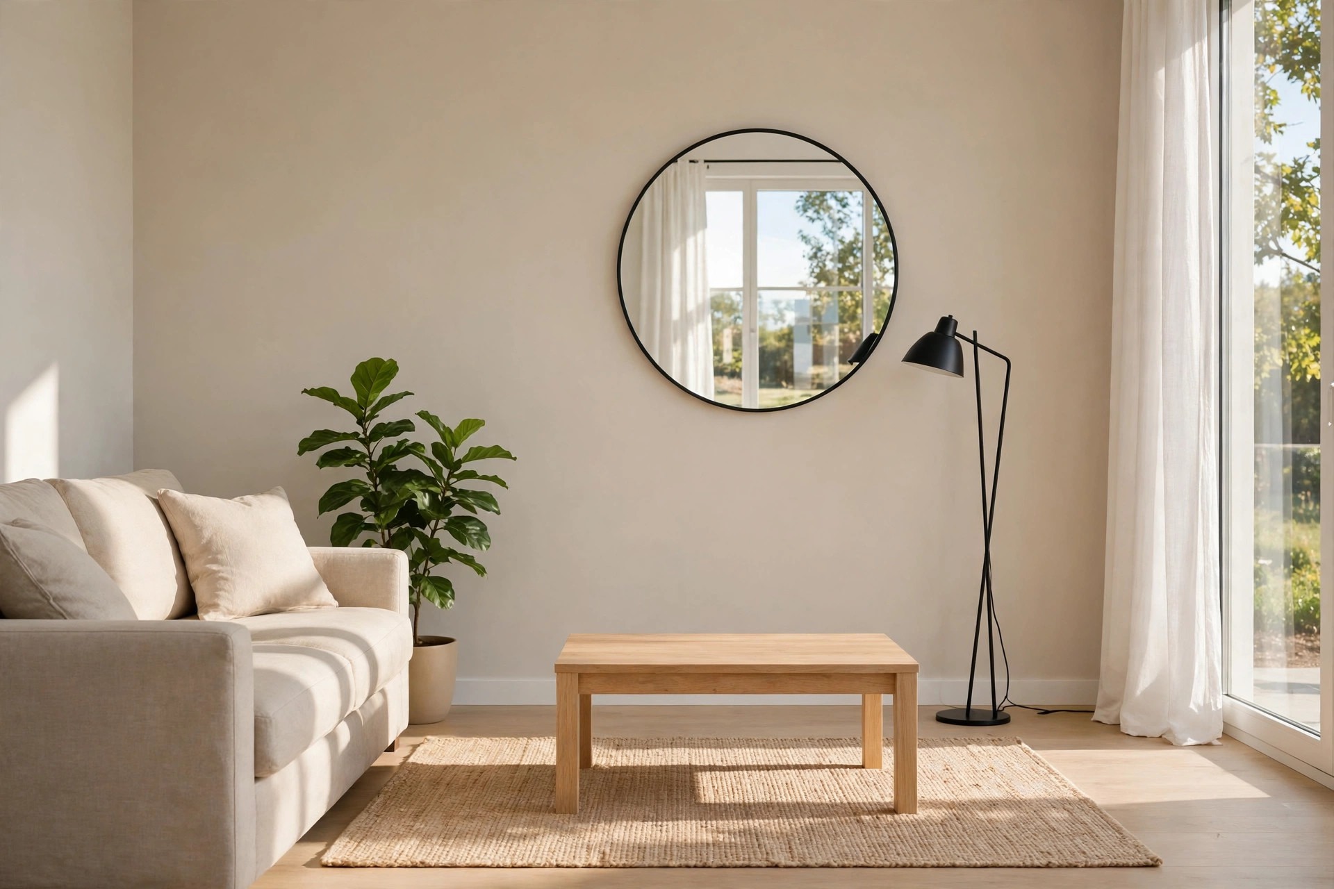 Round mirror with a thin black frame reflecting a window above a beige rug, with a green plant beside a beige sofa and a black floor lamp