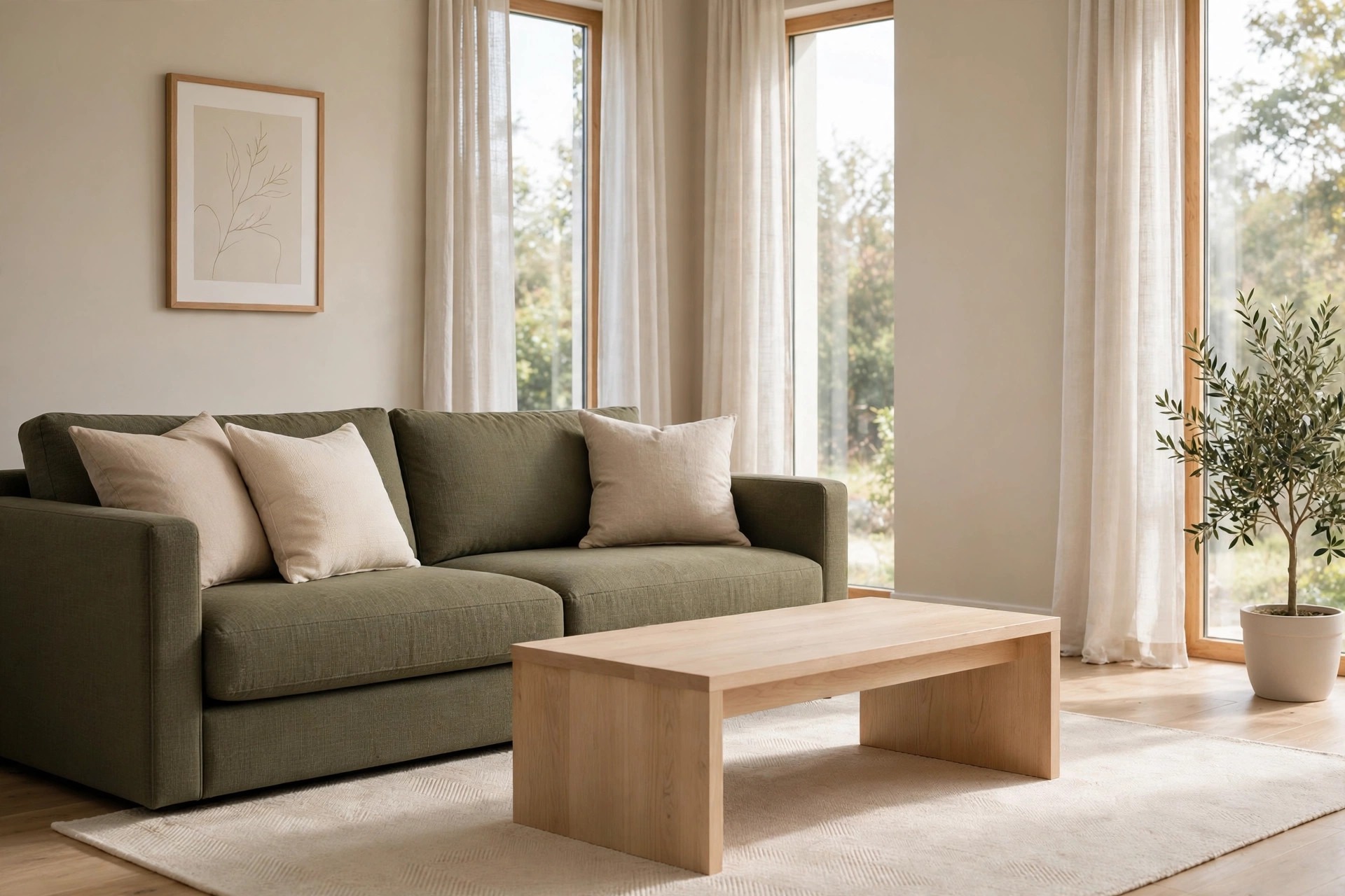 Olive green sofa with three beige cushions, a light wood coffee table on a pale rug, and a potted olive tree by tall windows with sheer curtains