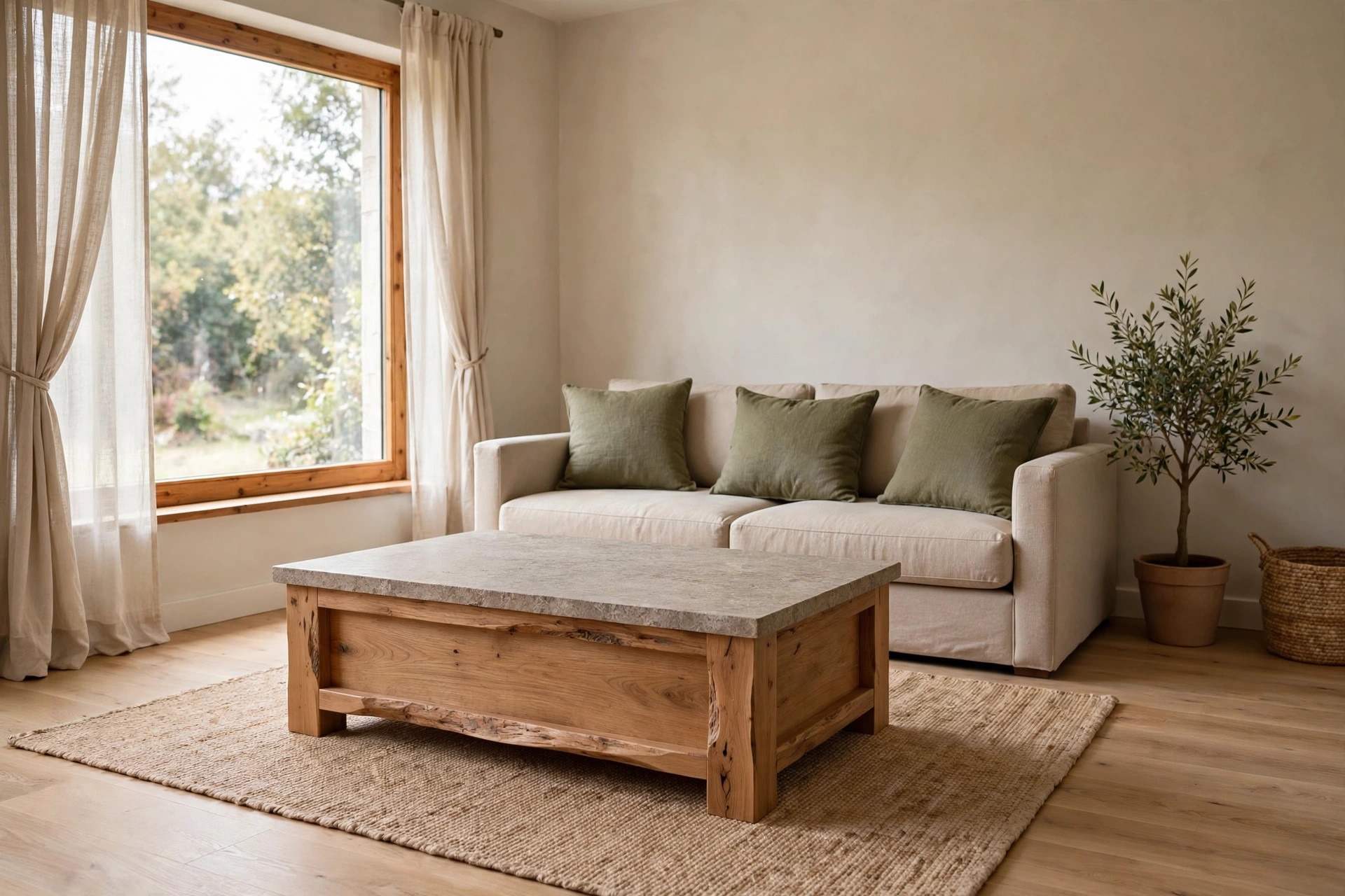 Natural wood coffee table with a stone top on a woven rug in front of a beige sofa with three olive cushions, beside a large wood framed window