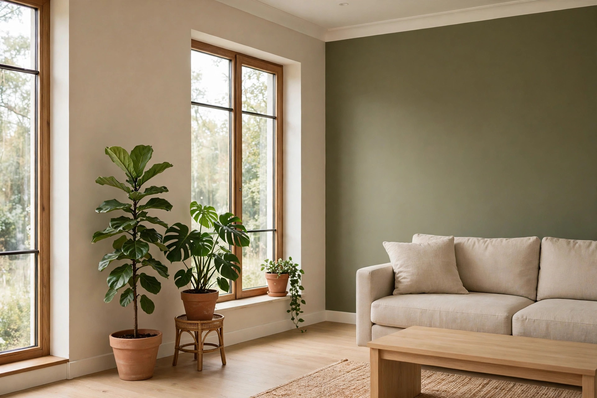 Three houseplants at different heights in terracotta pots by a window on a beige wall, with a beige sofa and an olive painted wall on the opposite side