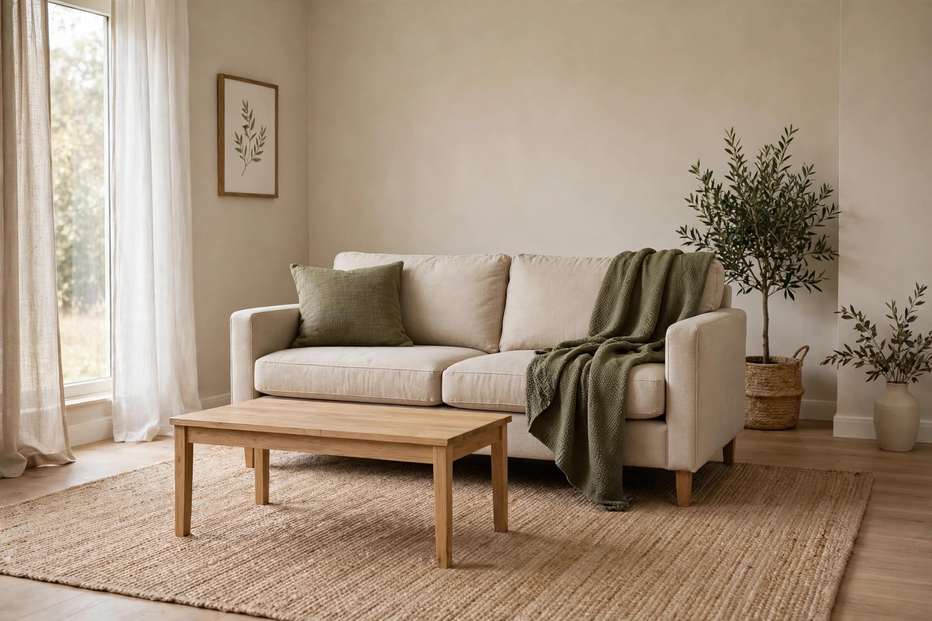 Beige sofa with an olive cushion and olive throw on a large natural jute rug, with a light wood coffee table and a potted olive tree behind
