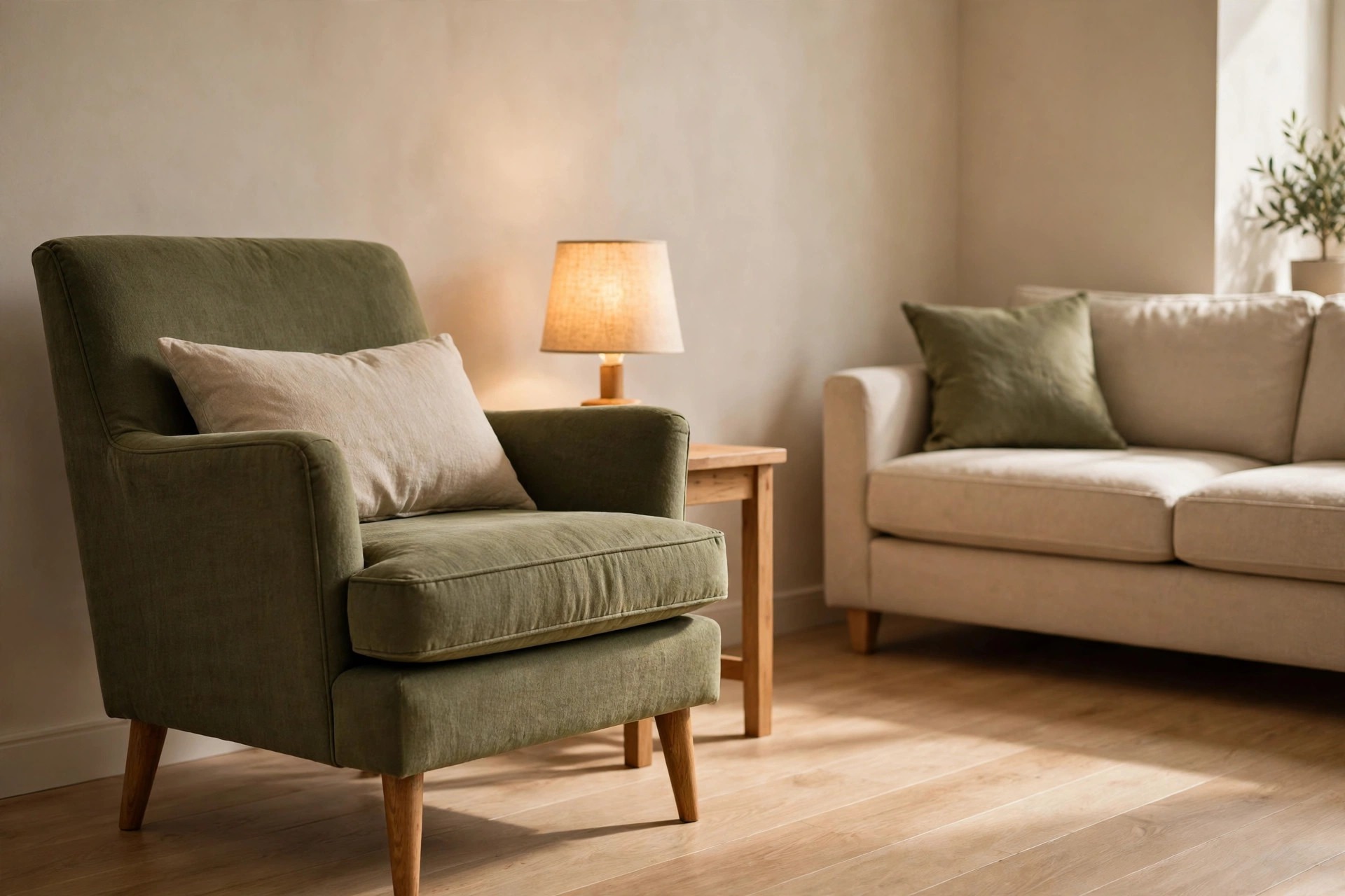Olive green armchair with a beige cushion beside a wooden side table with a lit warm lamp, with a beige sofa with an olive cushion in the background