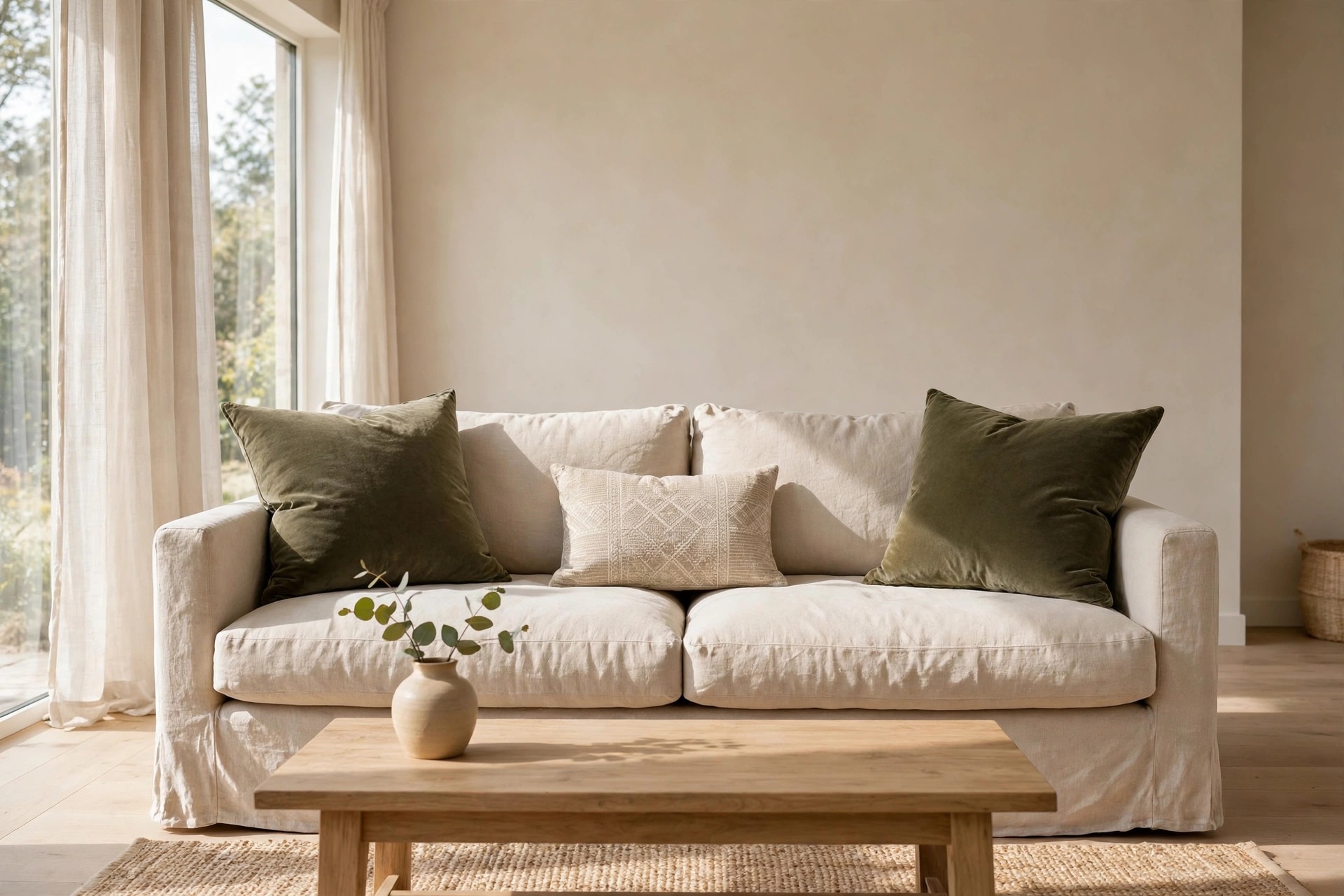 Beige linen sofa with two large olive velvet cushions and a small beige patterned cushion in the center, with a wood coffee table and a small vase in front