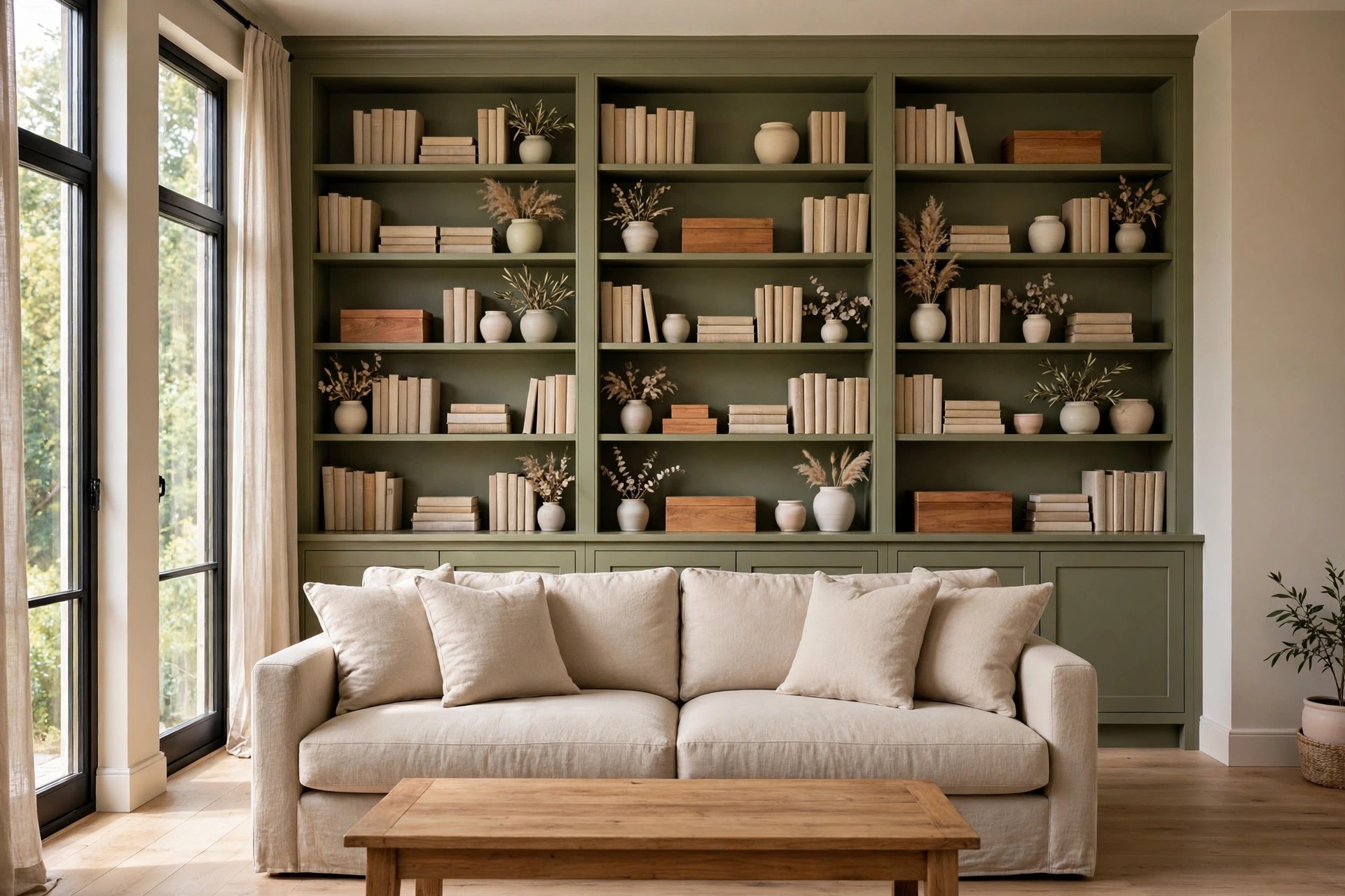 Tall built-in shelves painted olive green filled with beige books, pale ceramic vases, and wood boxes, behind a beige sofa with beige cushions