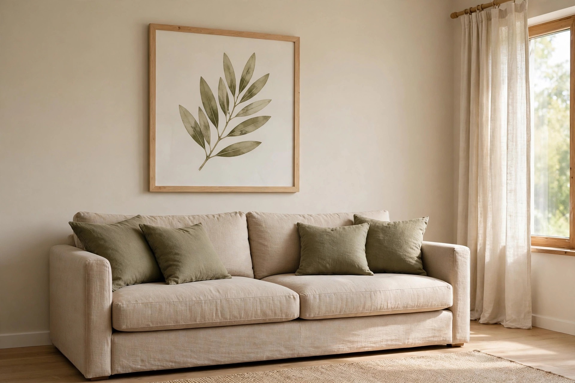 Large framed print of olive green leaves in a light wood frame hanging over a beige sofa with four olive cushions, beside a window with cream curtains