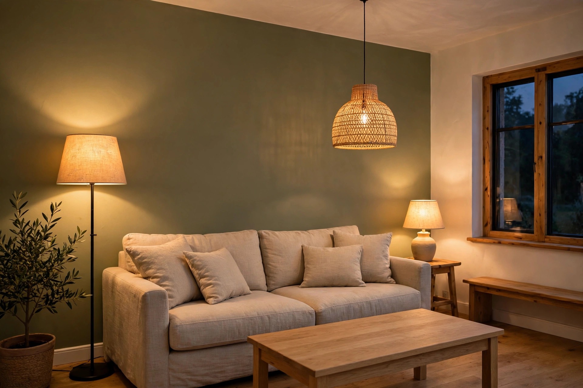 Beige sofa against an olive wall in the evening, lit by a floor lamp, a table lamp, and a woven pendant light with warm golden light