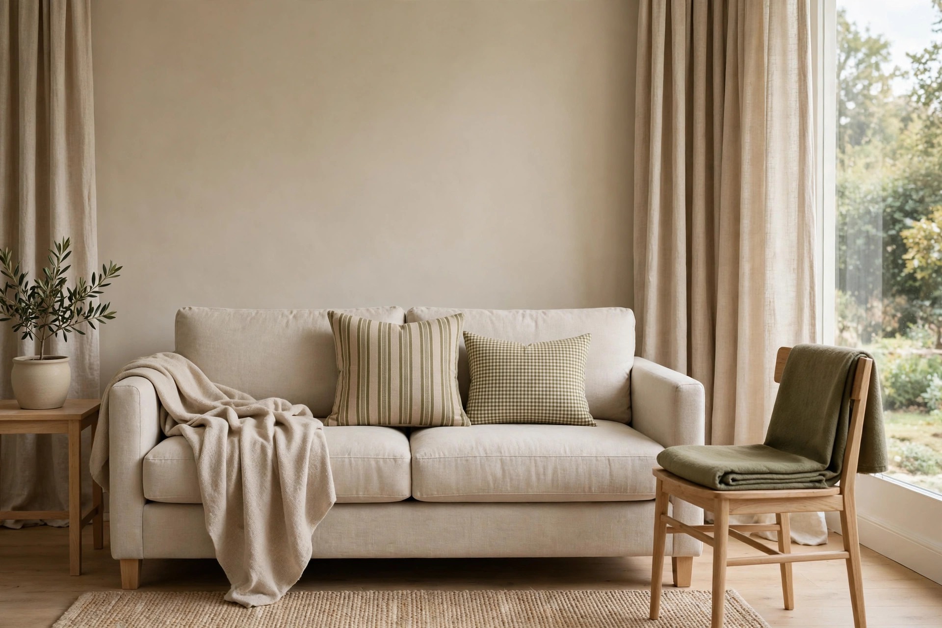 Beige sofa with an olive striped cushion and an olive check cushion, a beige throw over one arm, and a folded olive throw on a wooden chair beside it