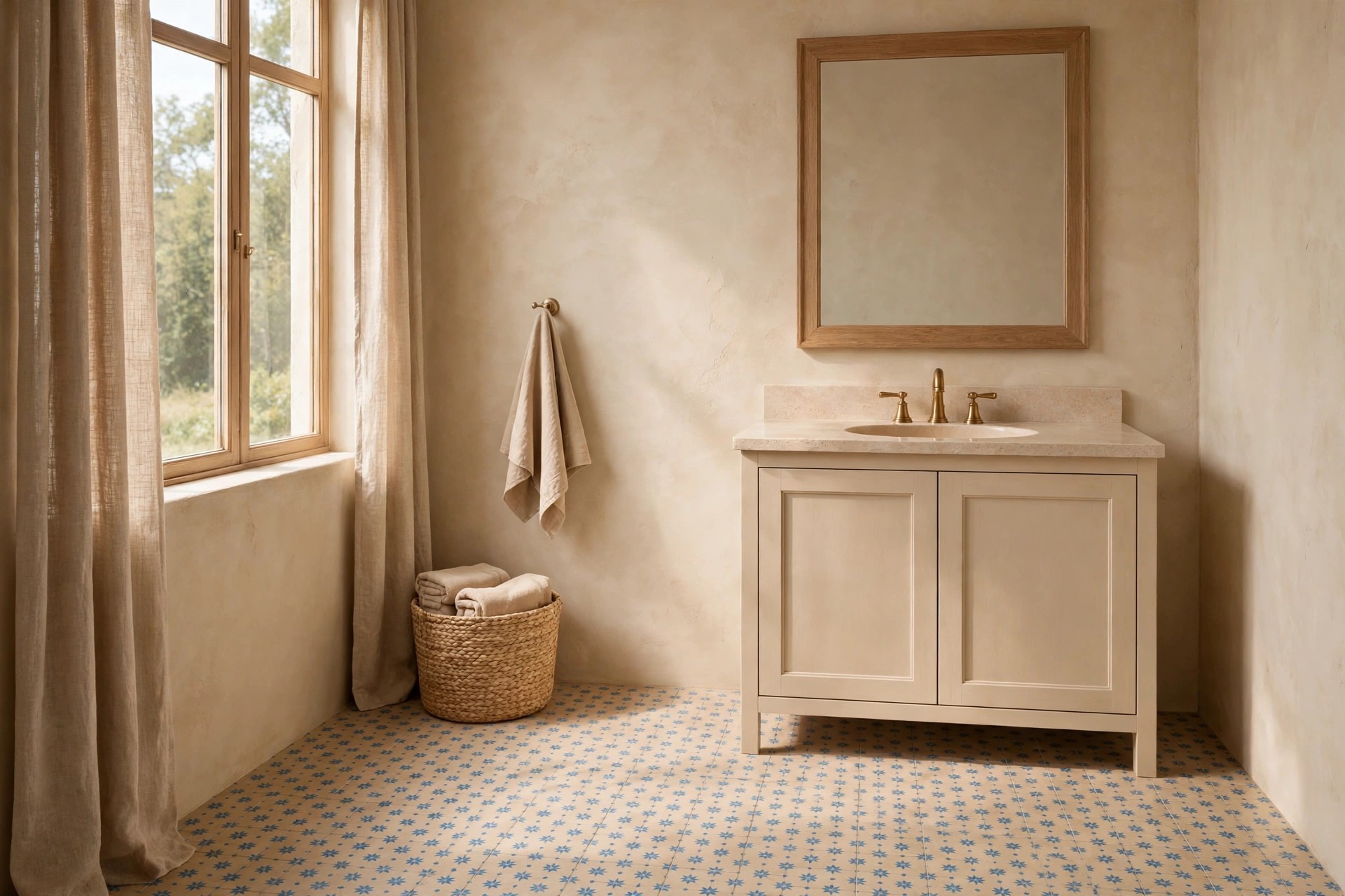Beige bathroom with a small blue star pattern repeated across beige floor tiles beside a beige vanity and a woven basket of towels