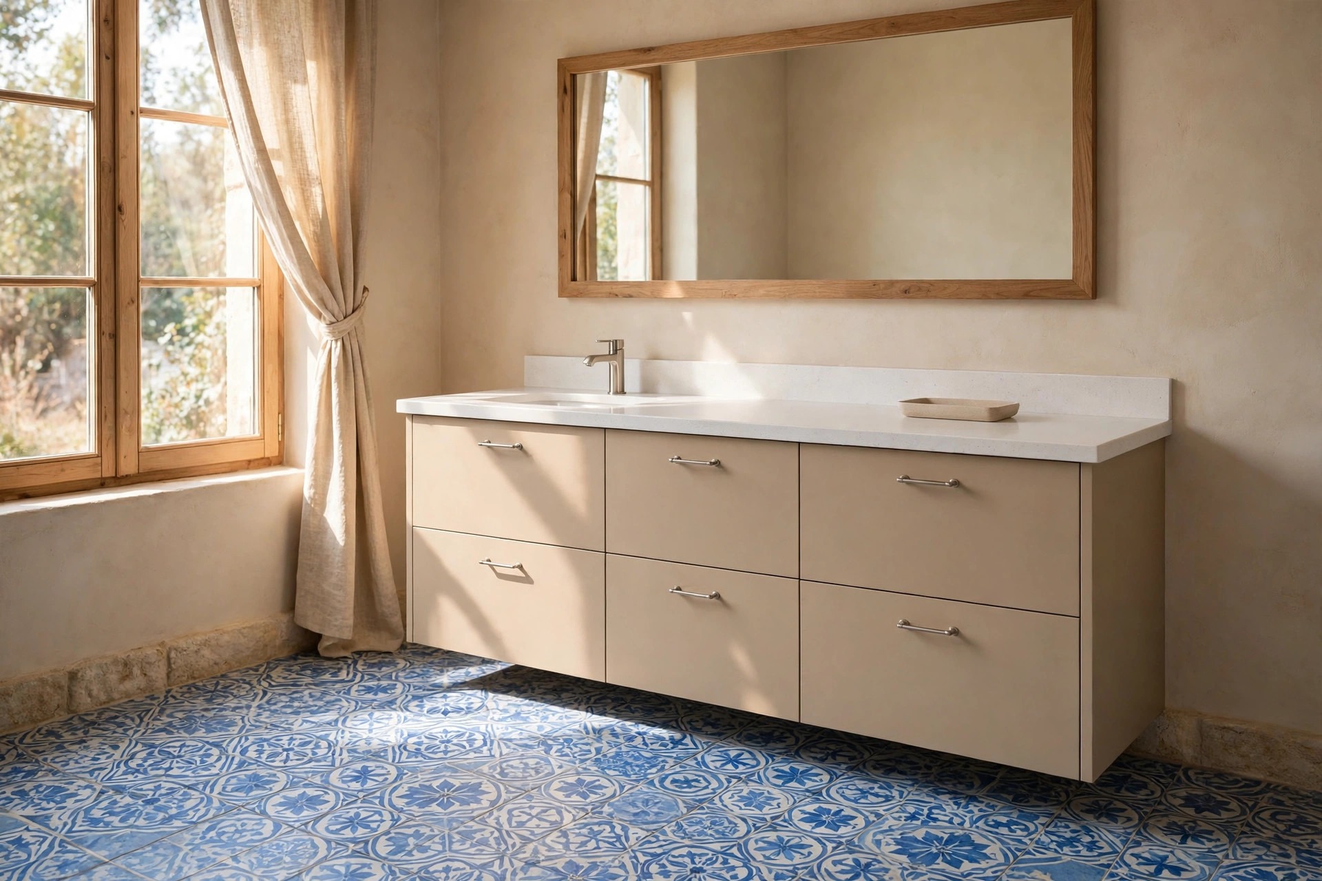 Plain beige vanity with a white countertop and one small tray above blue patterned floor tiles in a beige bathroom