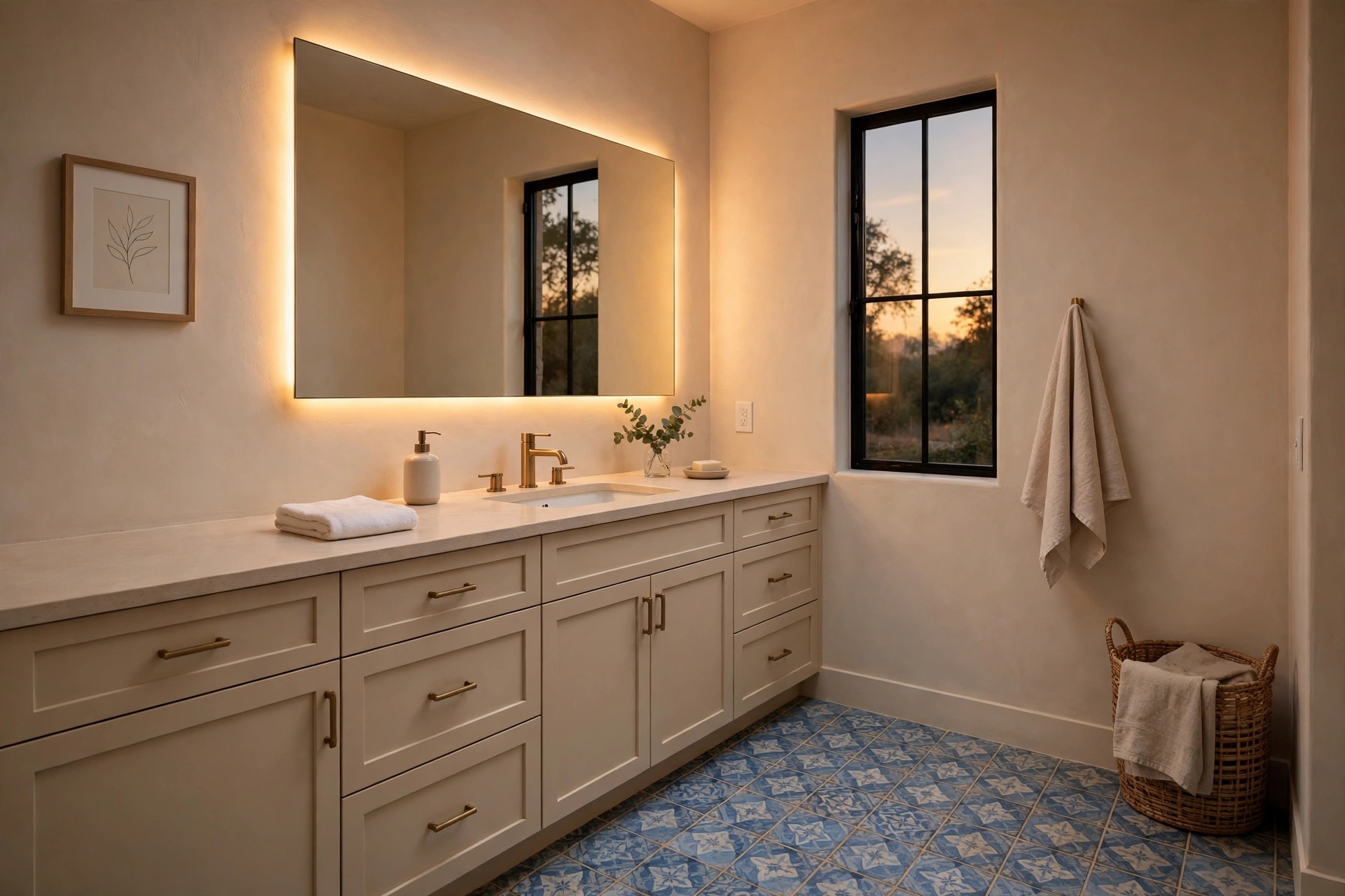 Beige bathroom at dusk with warm light glowing around a large mirror and soft blue patterned floor tiles beside a beige vanity