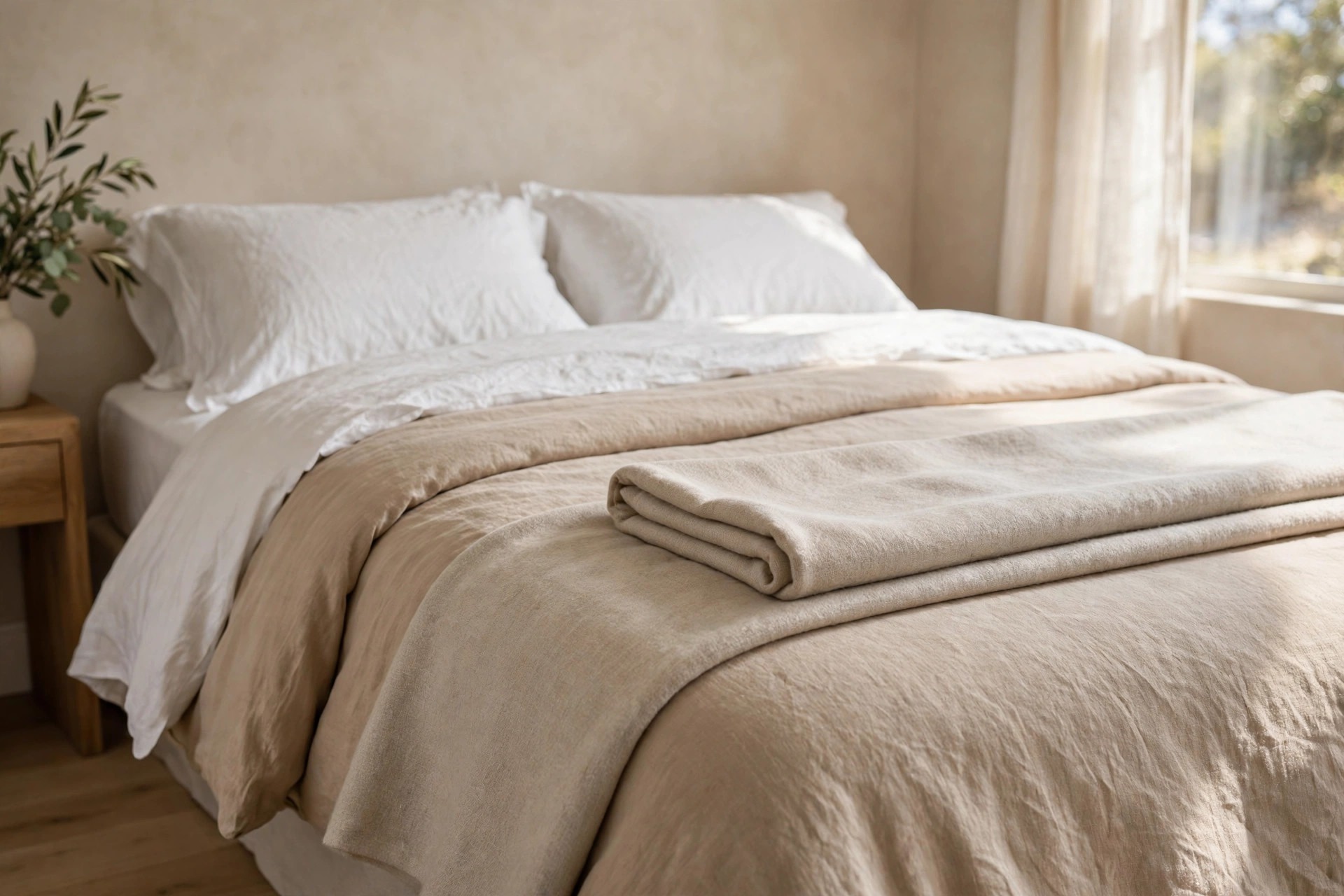 Close view of a guest bed with white sheets, a beige duvet and a folded light blanket showing separate warmth layers